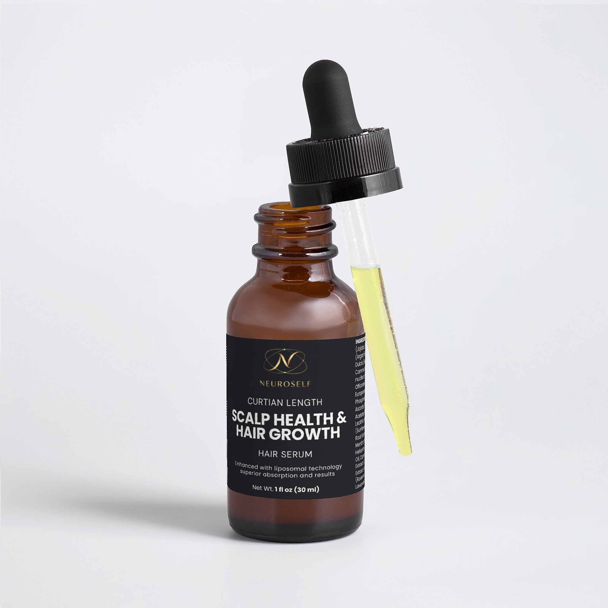 NeuroSelf hair oil for scalp health and hair growth, showing the product bottle and label with natural hair care ingredients.