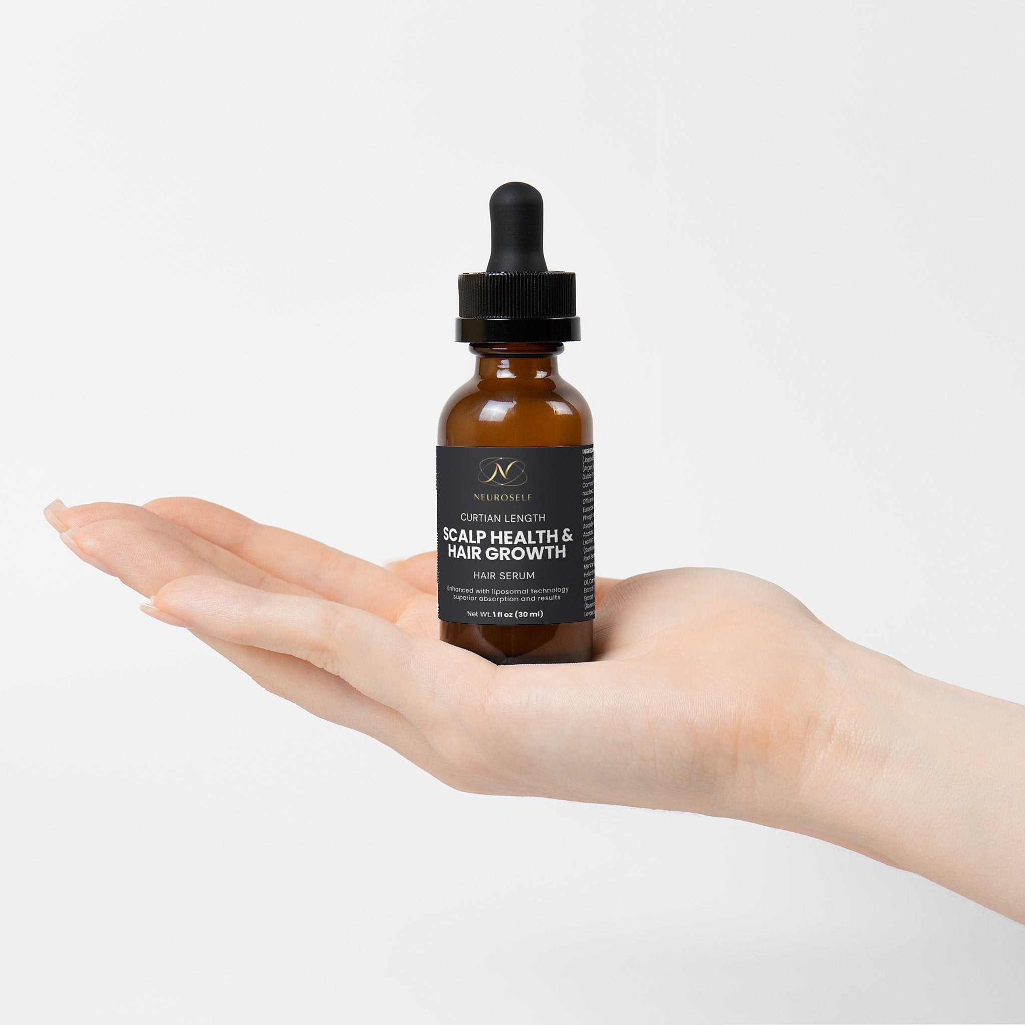 NeuroSelf hair oil for scalp health and hair growth, featuring a dropper applicator and natural ingredients in a clear bottle.