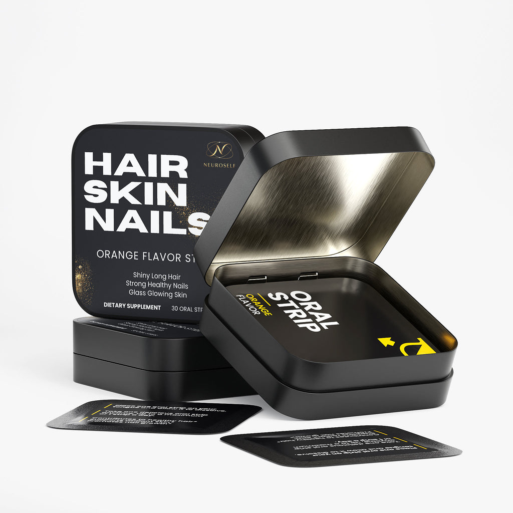 NeuroSelf Hair, Skin and Nails Strips for promoting healthy hair, skin, and nails, shown in the package on a white background.