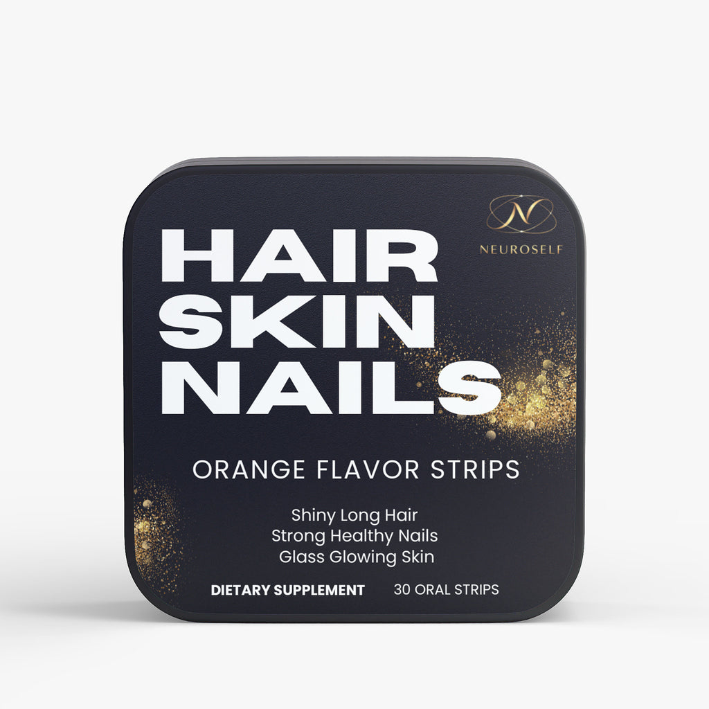 NeuroSelf Hair, Skin, and Nails health strips package showing the label with product details and branding on a white background.