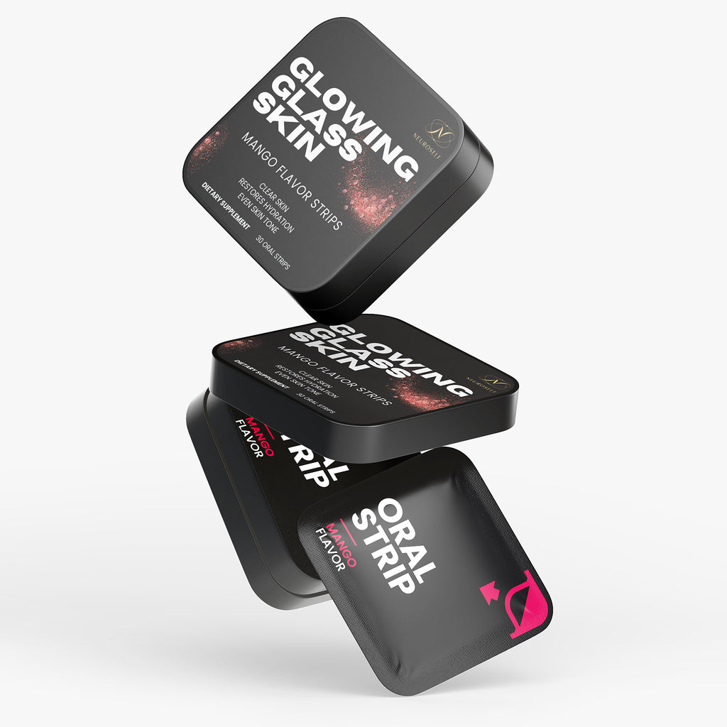NeuroSelf Glowing Glass Skin Strips for skin, hair, and nail health, shown on a clean surface with packaging in the background.