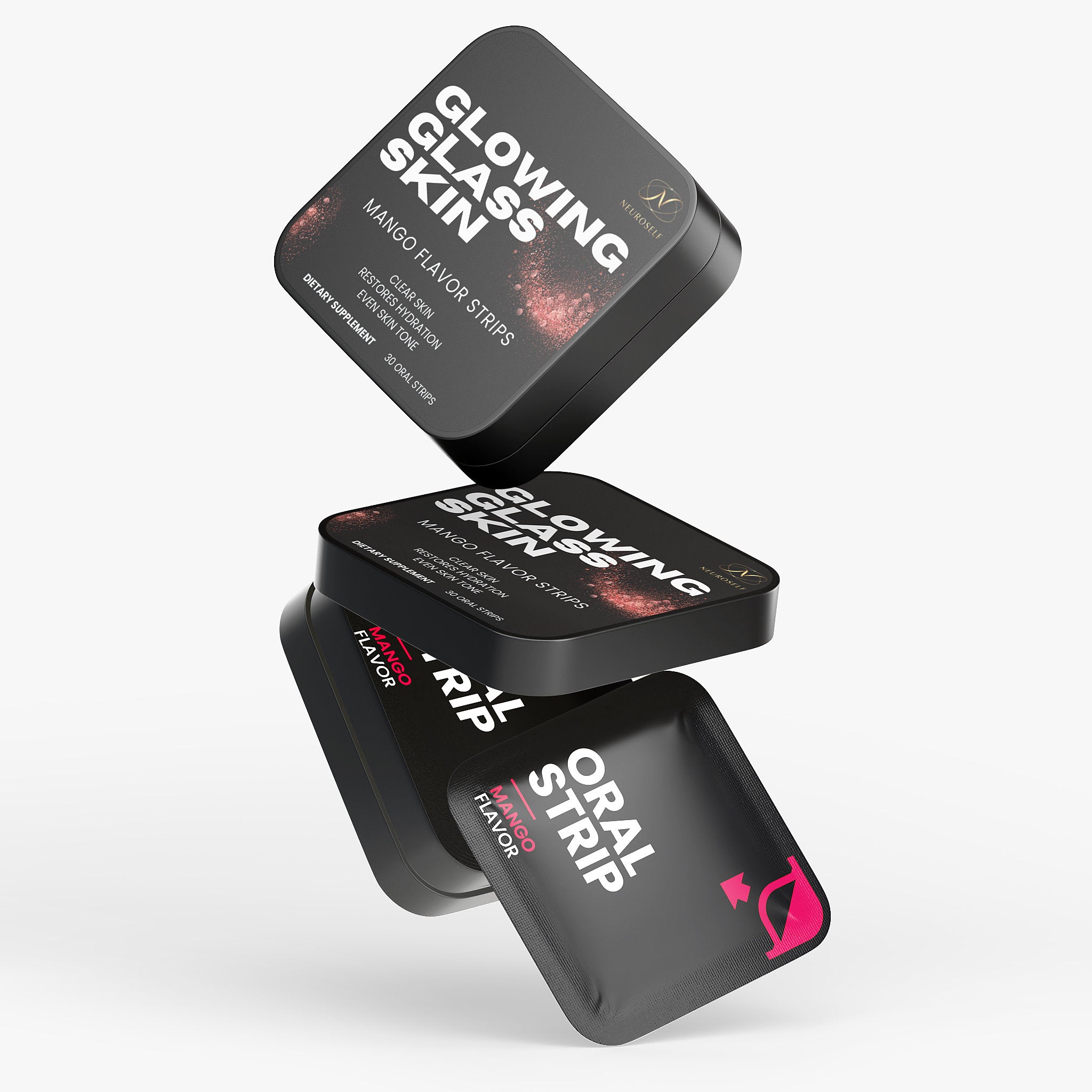 NeuroSelf Glowing Glass Skin Strips for skin, hair, and nail health, shown on a clean surface with packaging in the background.
