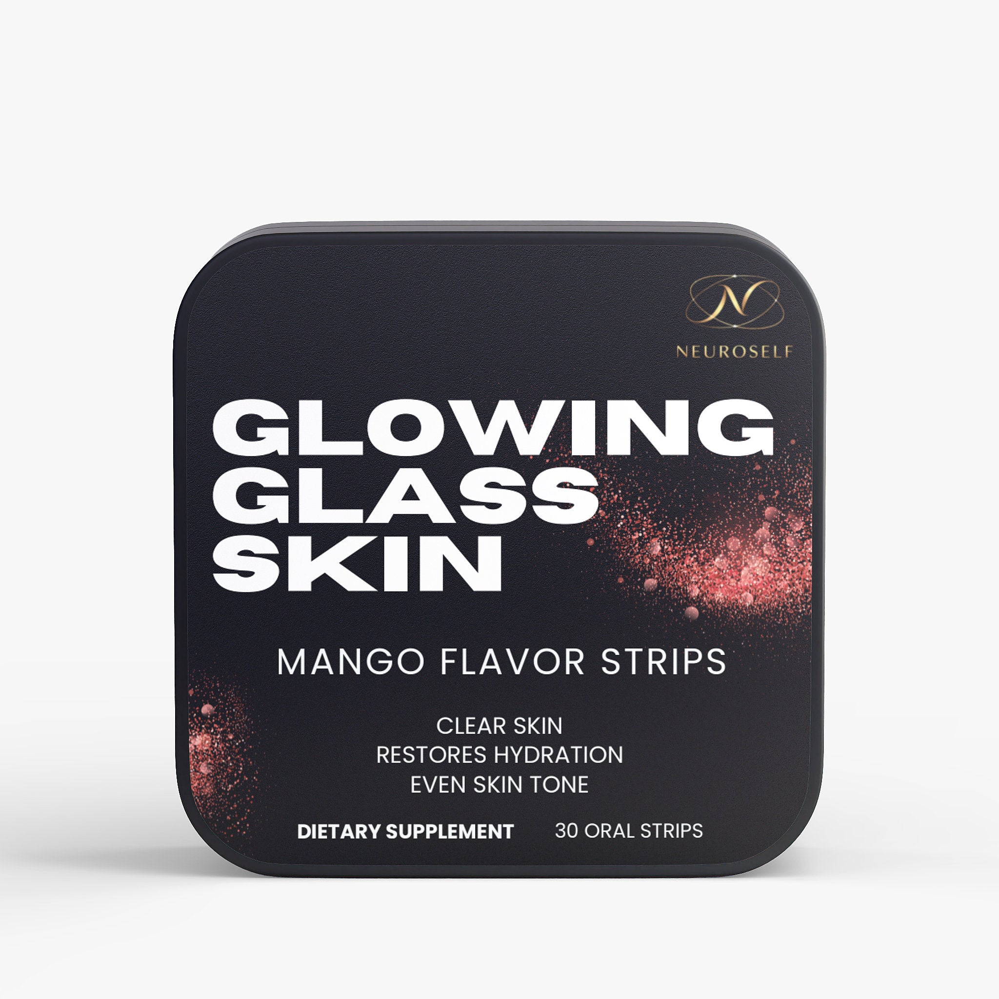 NeuroSelf Glowing Glass Skin Strips for skin, hair, and nail health, featuring clear, glowing strips on a neutral background.