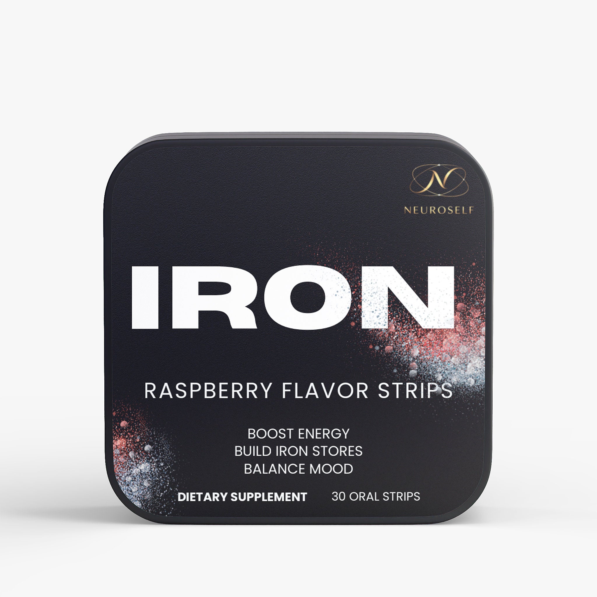 NeuroSelf iron strips supplement for vitamins and minerals, showing the label with product details and branding on the packaging.