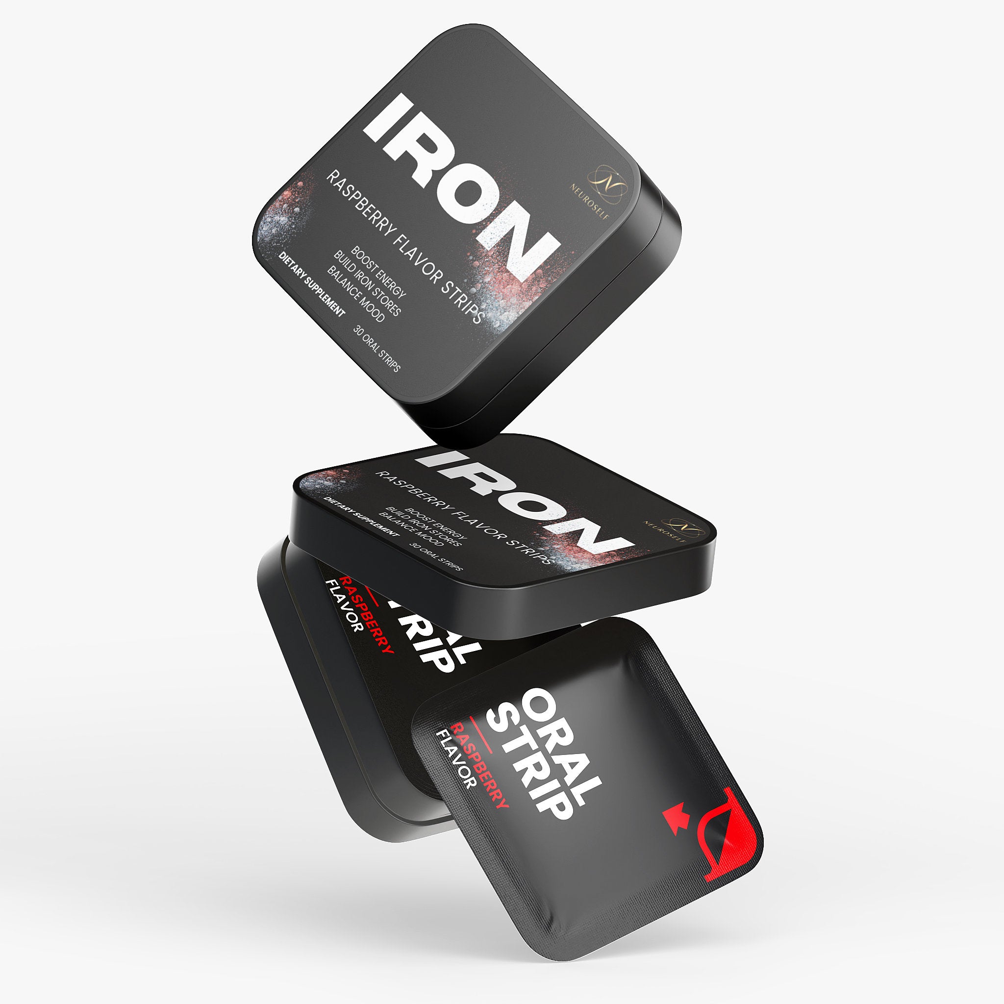 NeuroSelf iron strips supplement with colorful packaging, labeled as vitamins and minerals for supporting iron intake.