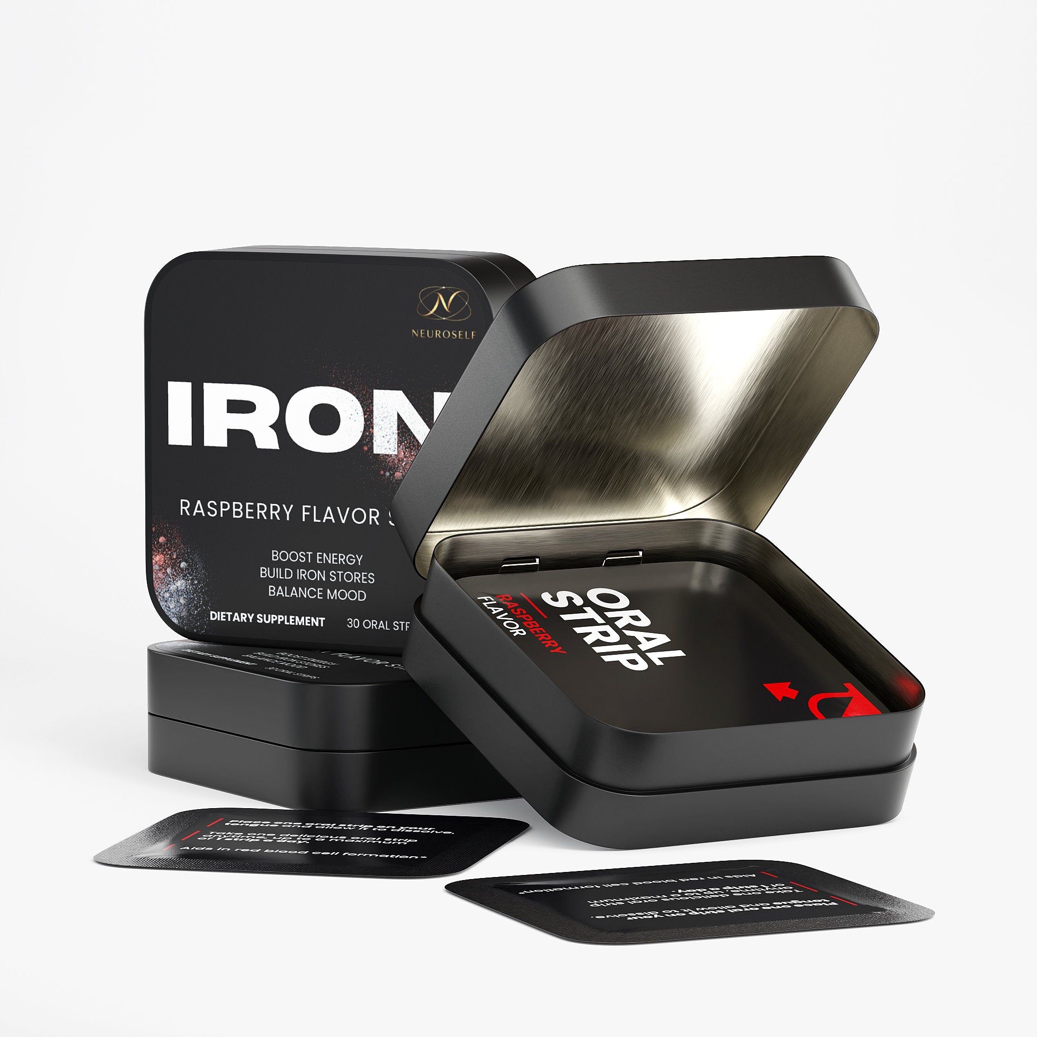 NeuroSelf iron strips supplement label showing vitamins and minerals for maintaining healthy iron levels.