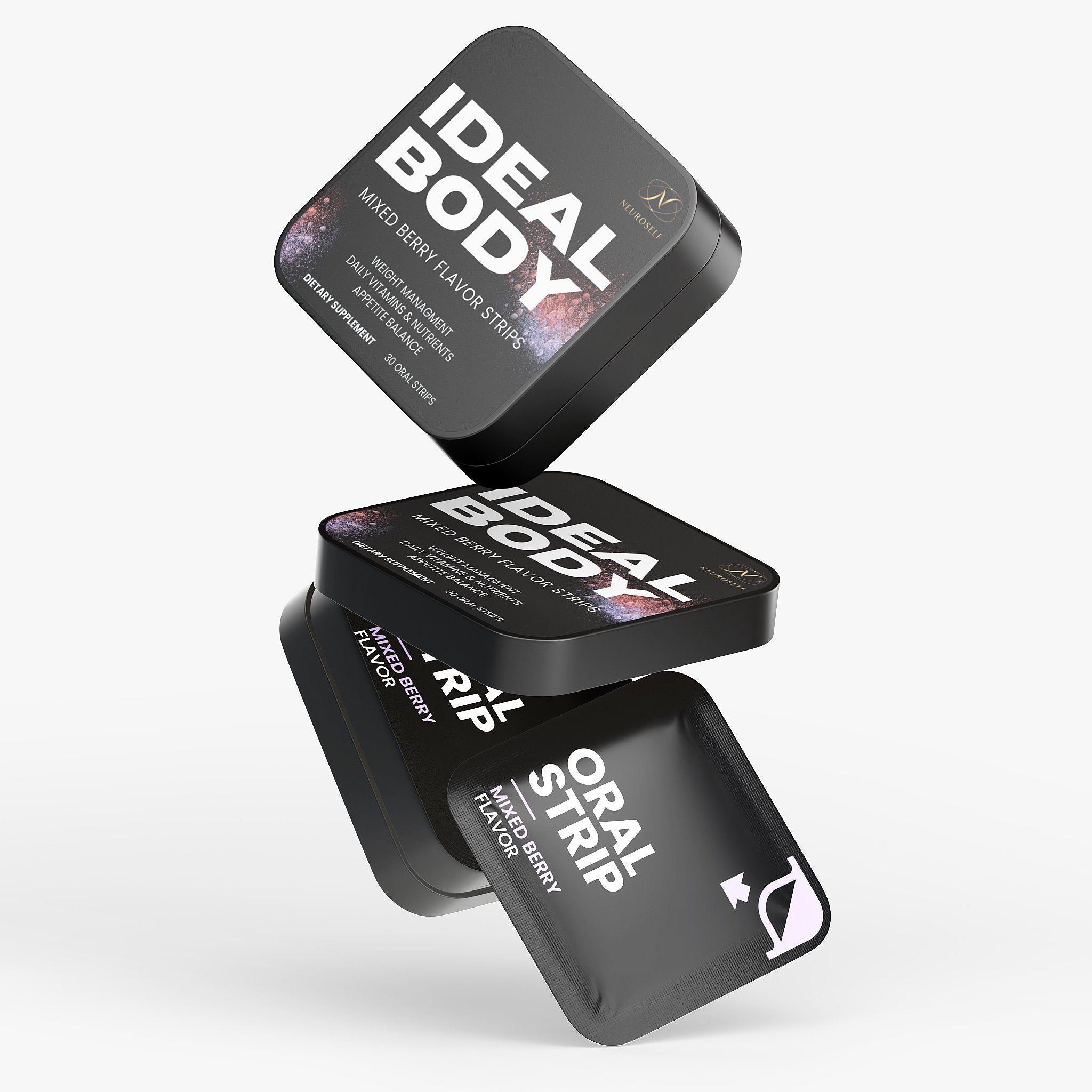 NeuroSelf Ideal Body Strips for weight management, featuring packaging label with product details and branding.