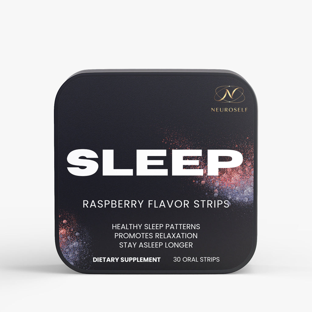 NeuroSelf Sleep Strips for relaxation, shown in packaging with the strips and label, designed to promote restful sleep and relaxation.