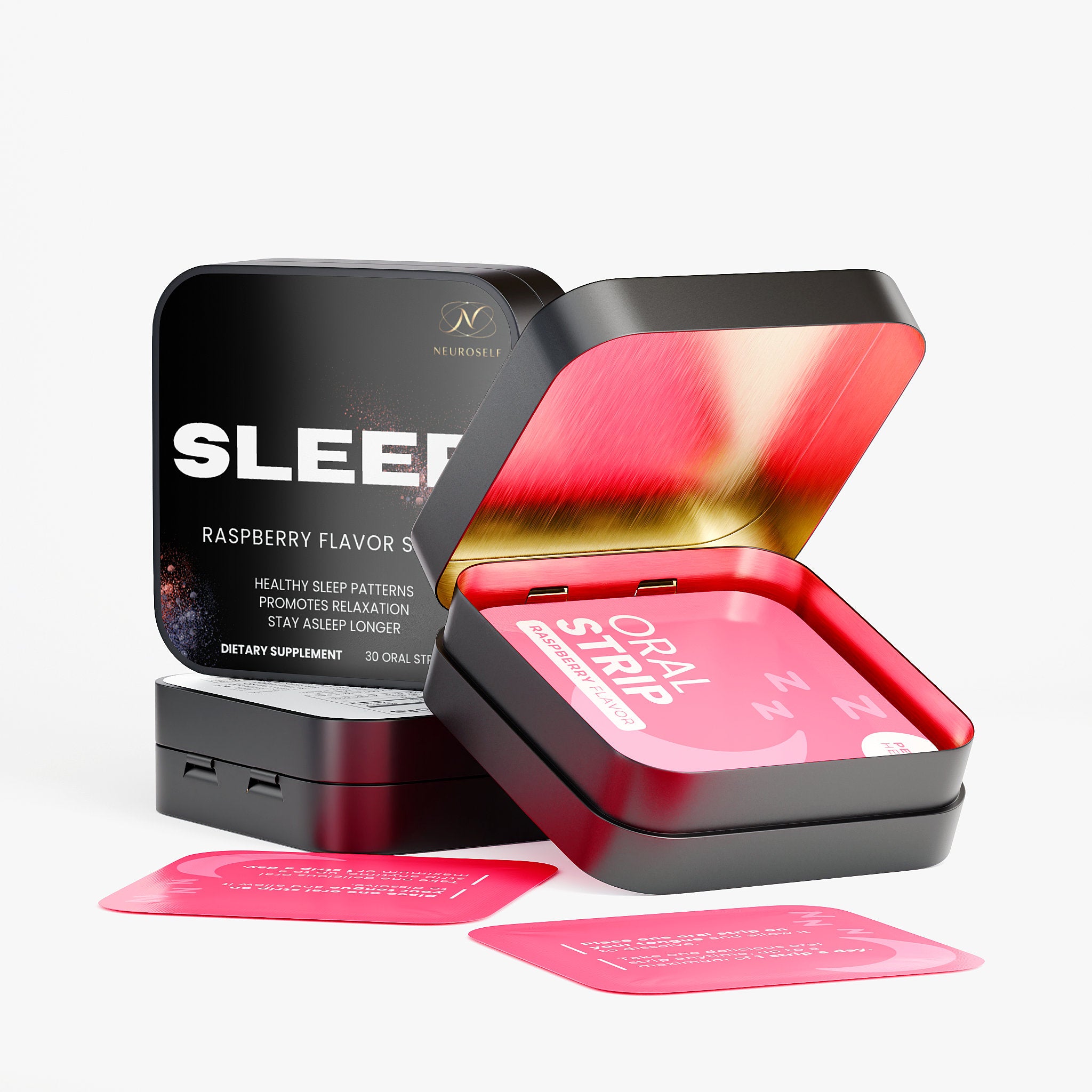 NeuroSelf Sleep Strips for relaxation, featuring individual strips with calming ingredients on a clean background.