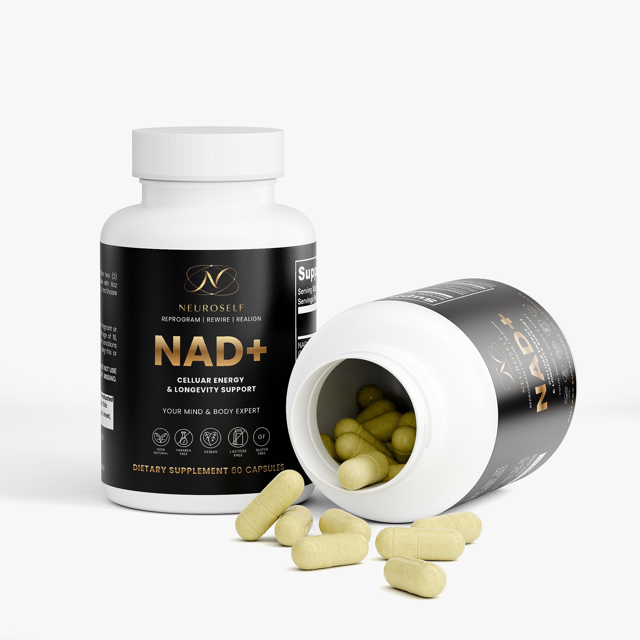 NeuroSelf NAD+ specialty supplement bottle with label showing supplement details and branding, placed on a plain background.