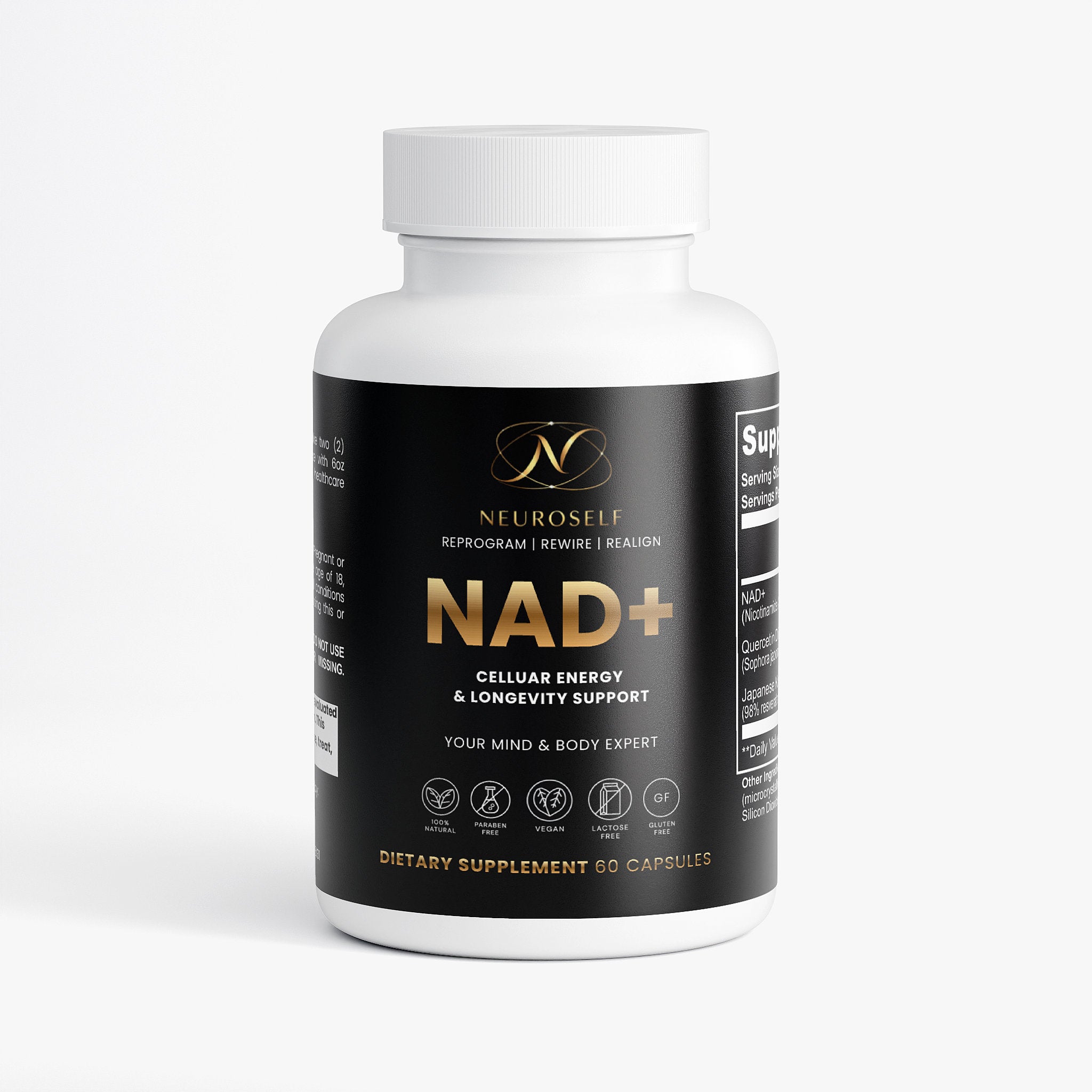 NeuroSelf NAD+ specialty supplement bottle with label featuring white and blue design, supplement facts, and brand logo.