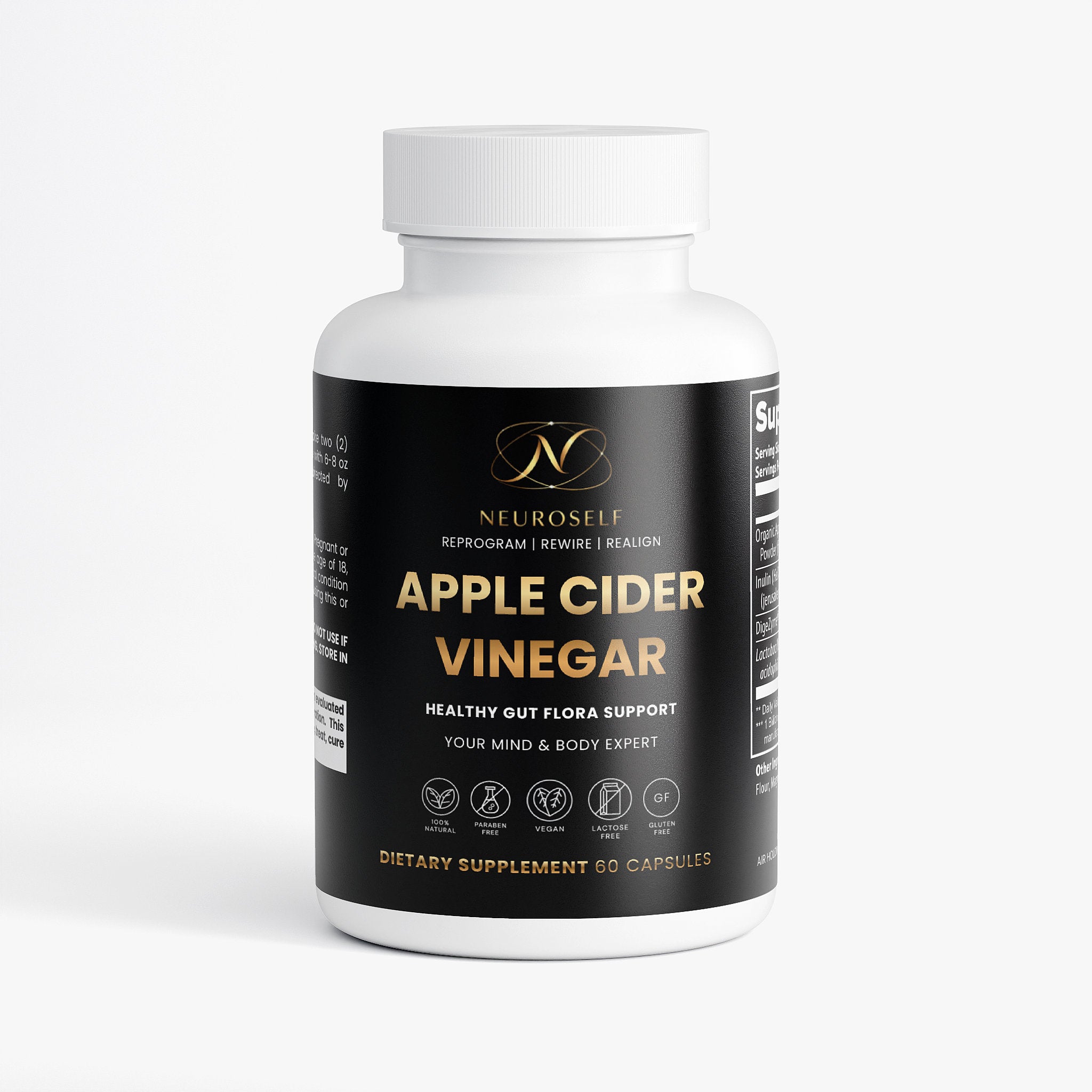 NeuroSelf Apple Cider Vinegar Capsules for digestive support, showing the supplement bottle with label details.