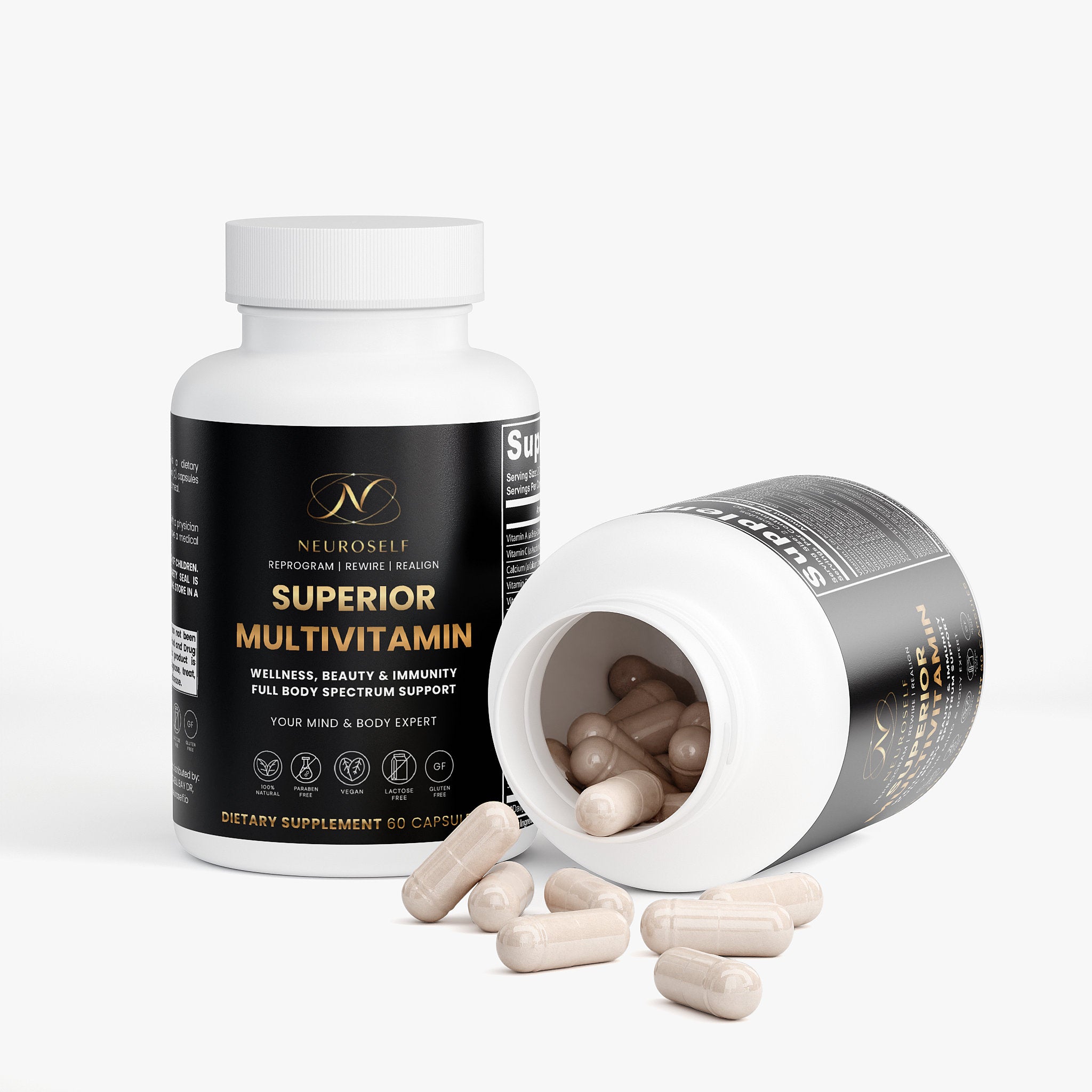 NeuroSelf Superior Multivitamin Complex bottle with label showing vitamins and minerals for overall health support.