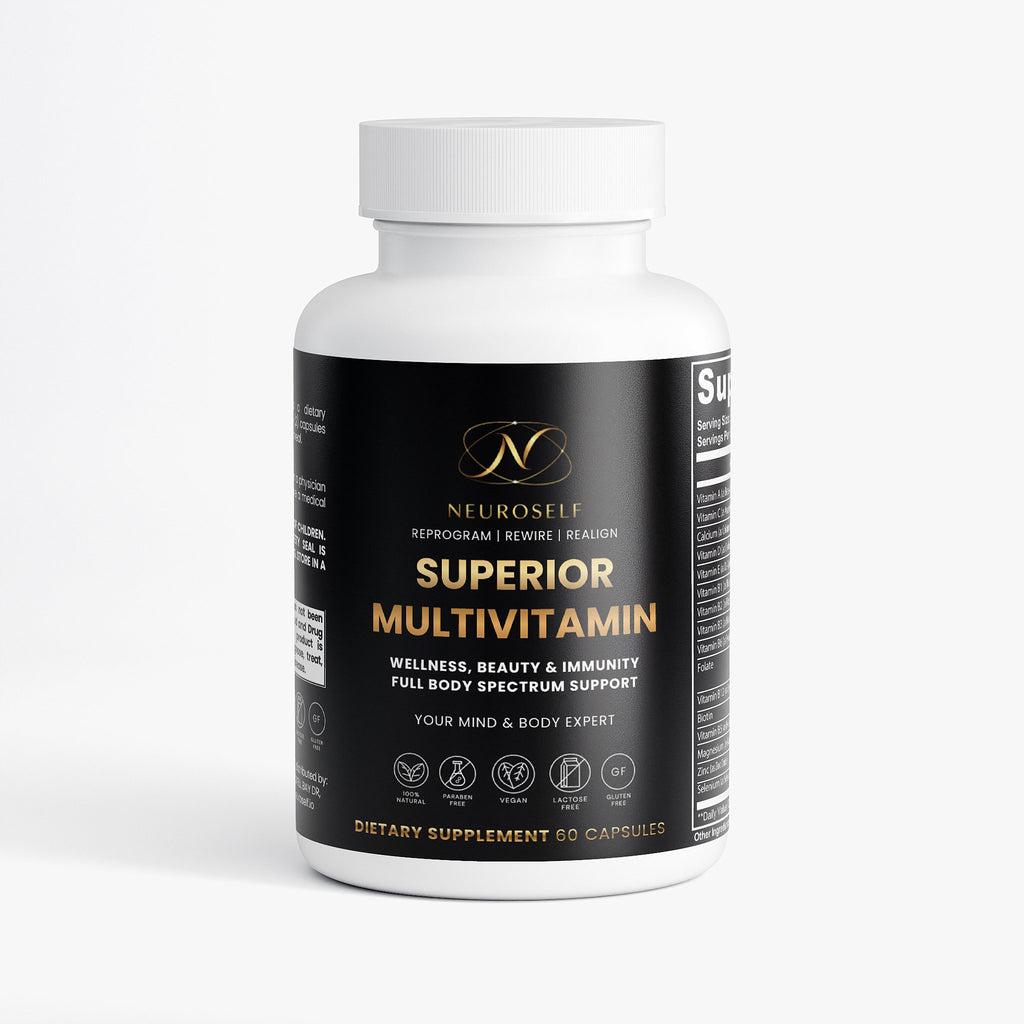 NeuroSelf Superior Multivitamin Complex bottle with colorful label showing vitamins and minerals supplement for daily health support.