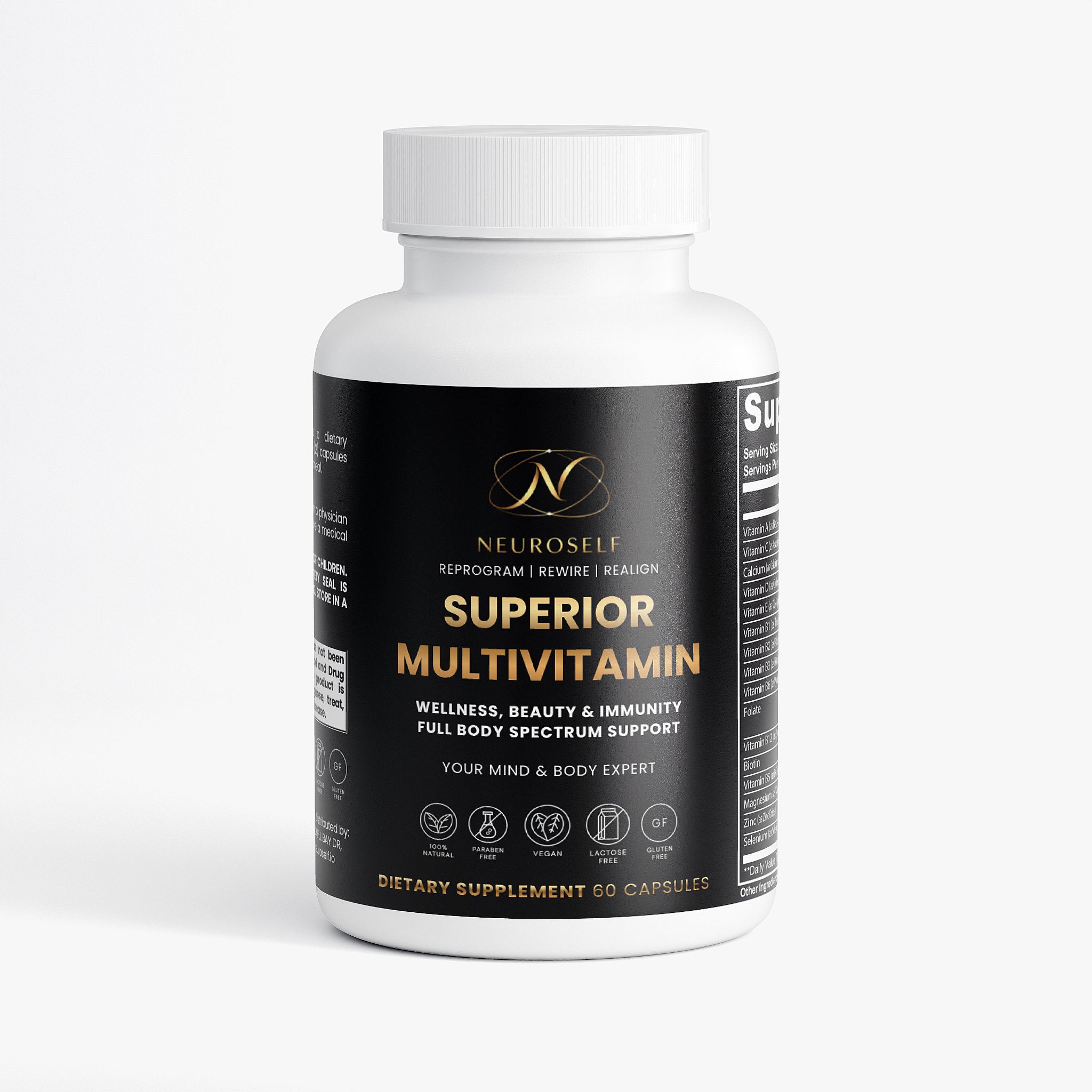 NeuroSelf Superior Multivitamin Complex bottle with colorful label showing vitamins and minerals supplement for daily health support.