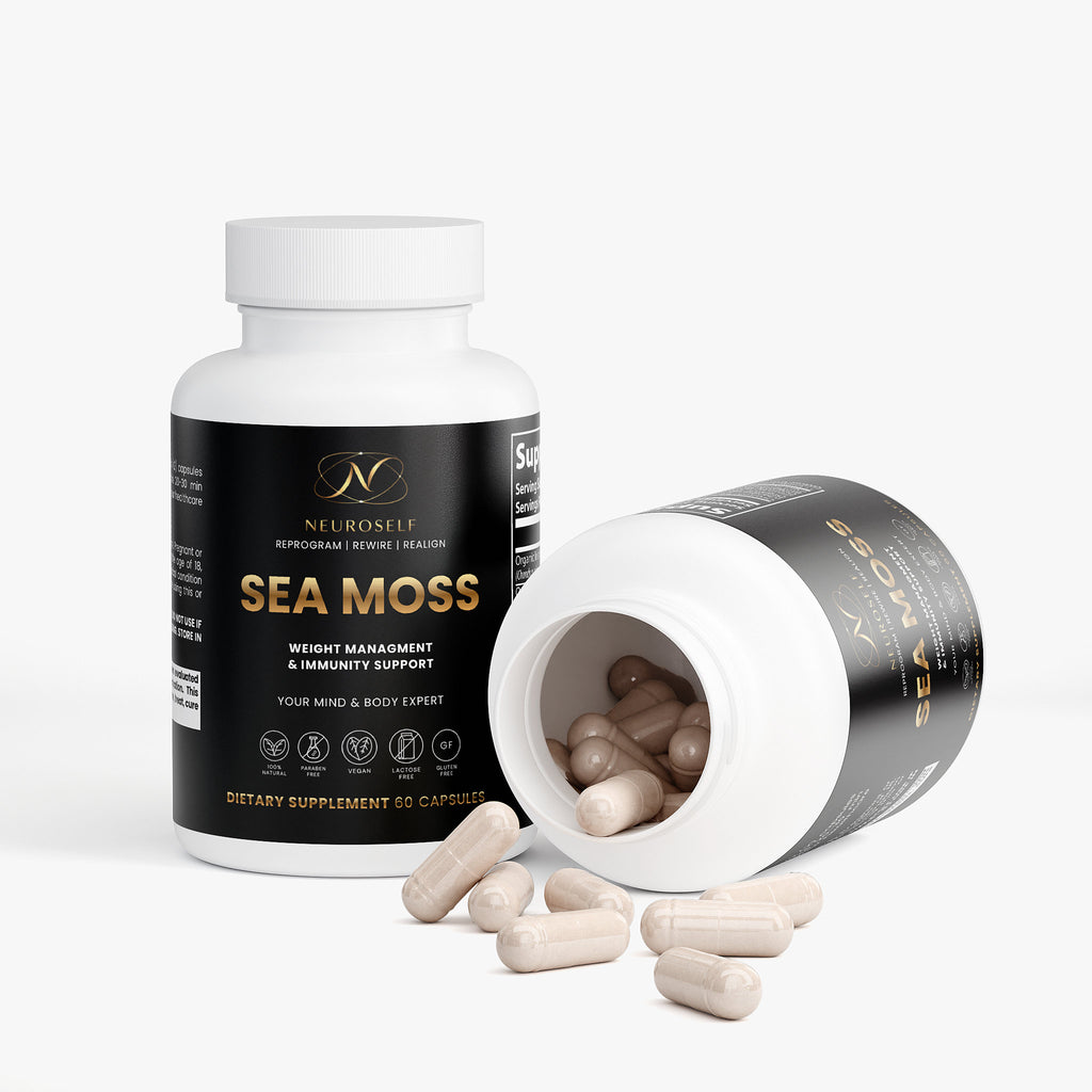 NeuroSelf Sea Moss superfood label showing vibrant dried sea moss pieces and product information on a white background.