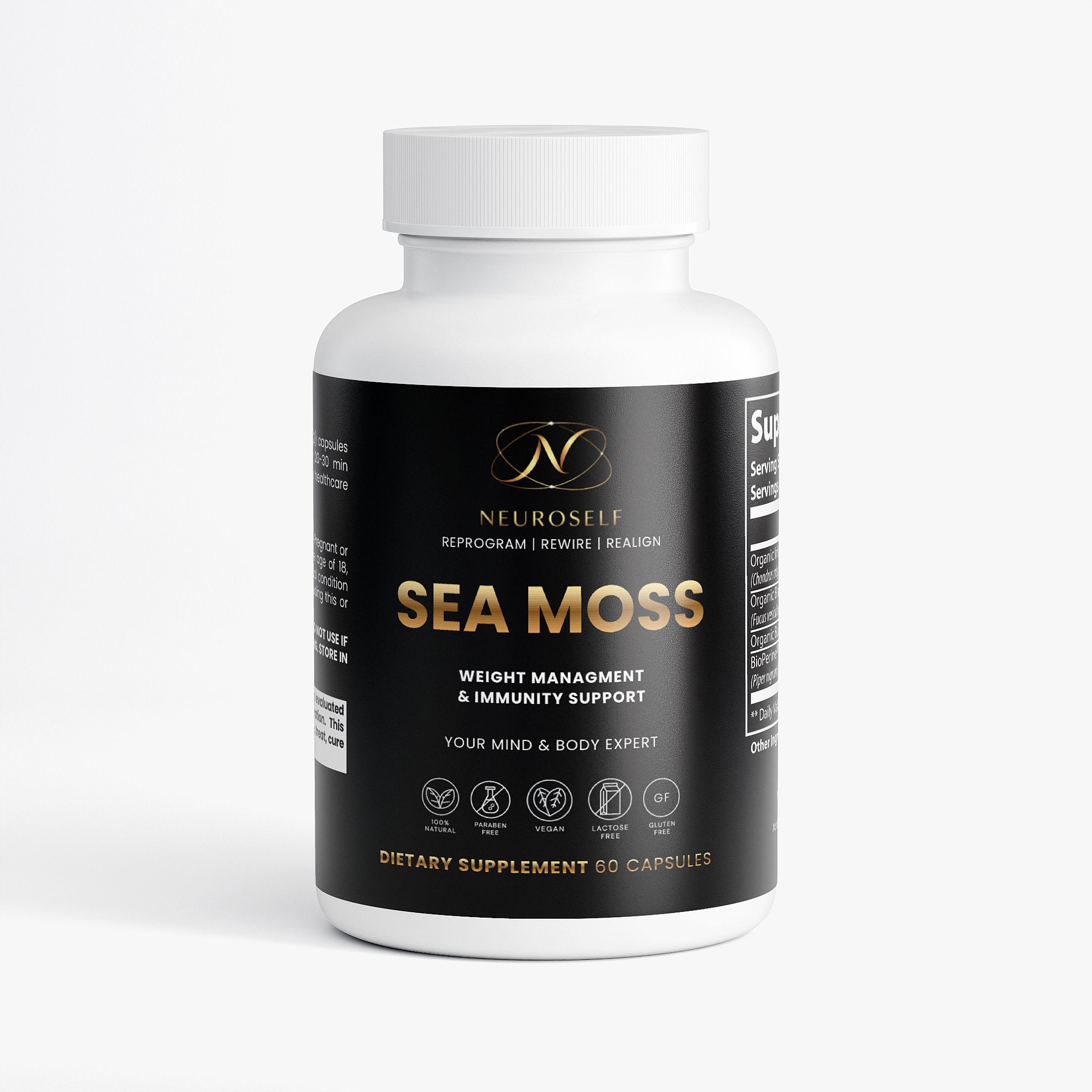 NeuroSelf sea moss superfood label showing dried sea moss, greens & superfoods product for health and nutrition.