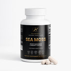 NeuroSelf Sea Moss, a green superfood supplement, shown in its packaging with fresh sea moss strands and vibrant green color.