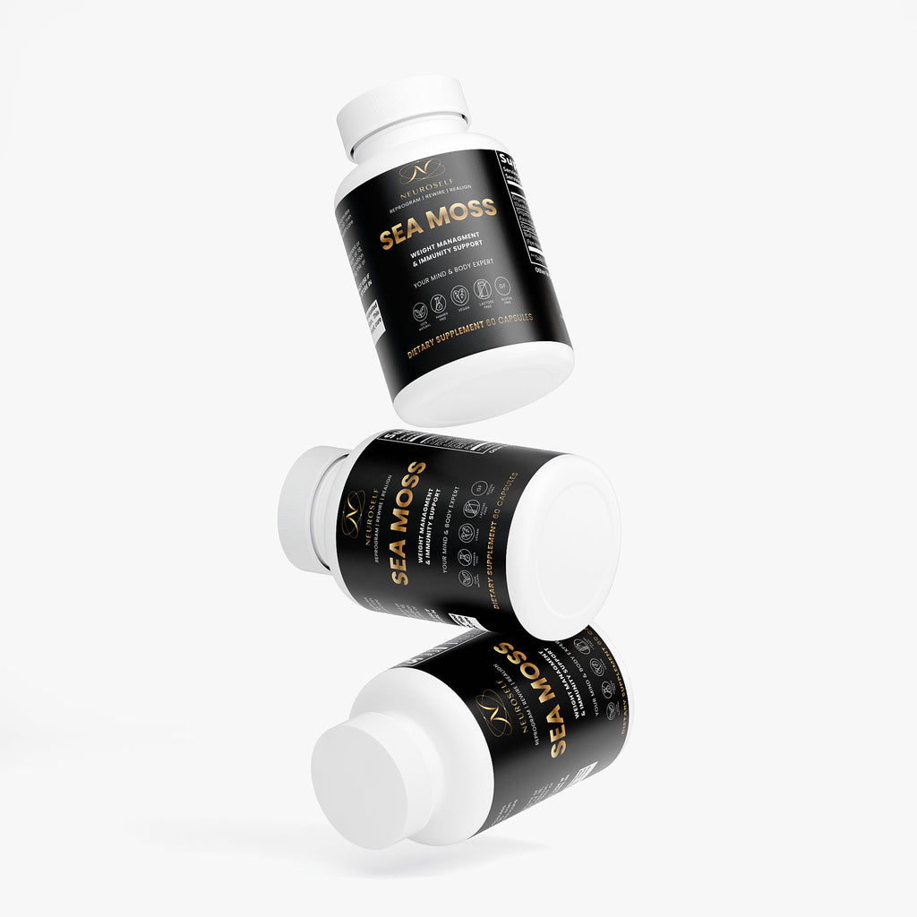 NeuroSelf sea moss label showing dried sea moss, a greens and superfoods supplement in a clear jar with a colorful label.