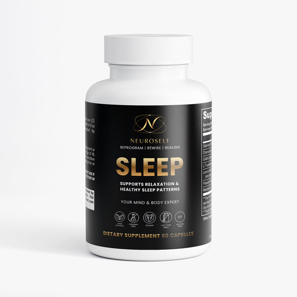 NeuroSelf Sleep Formula label with ingredients and branding for sleep and relaxation supplement in a clear bottle.