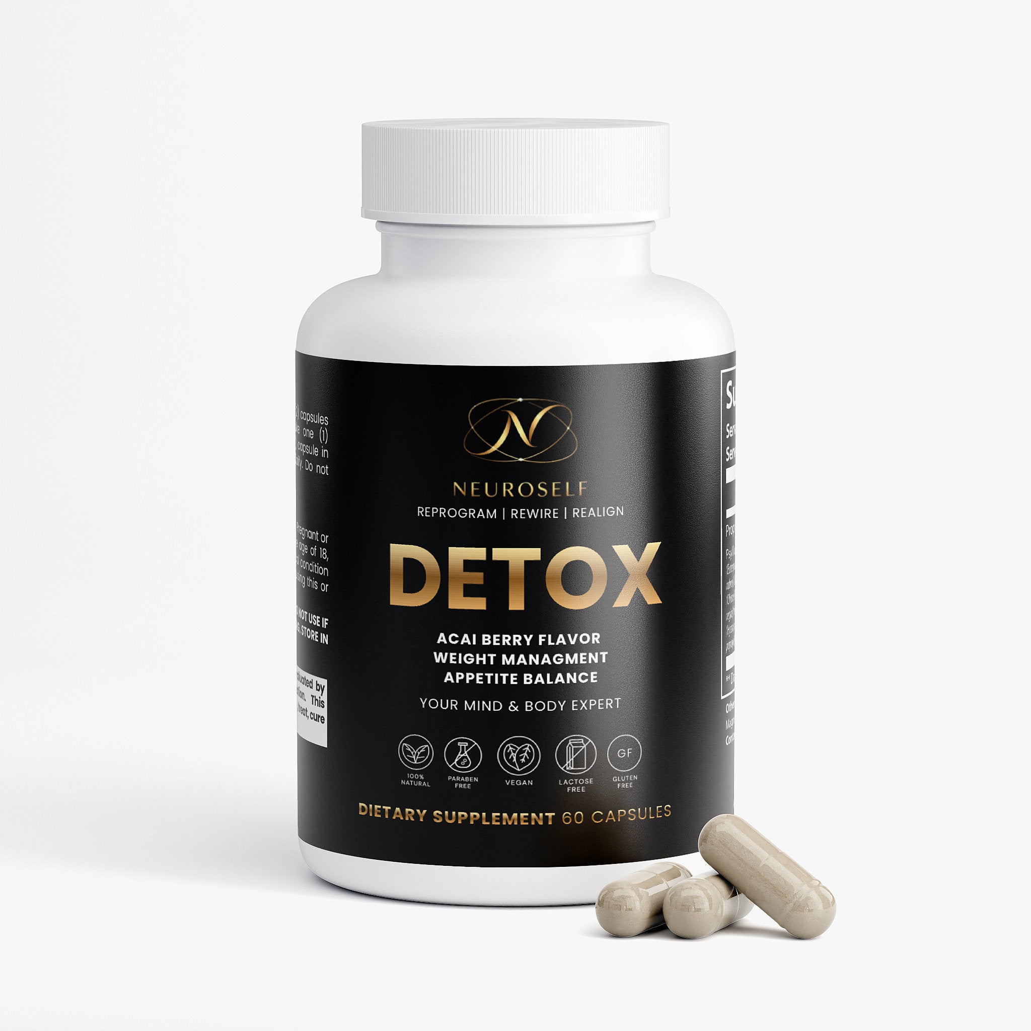NeuroSelf Digestive Support Detox Formula bottle with label showing supplement ingredients and branding.