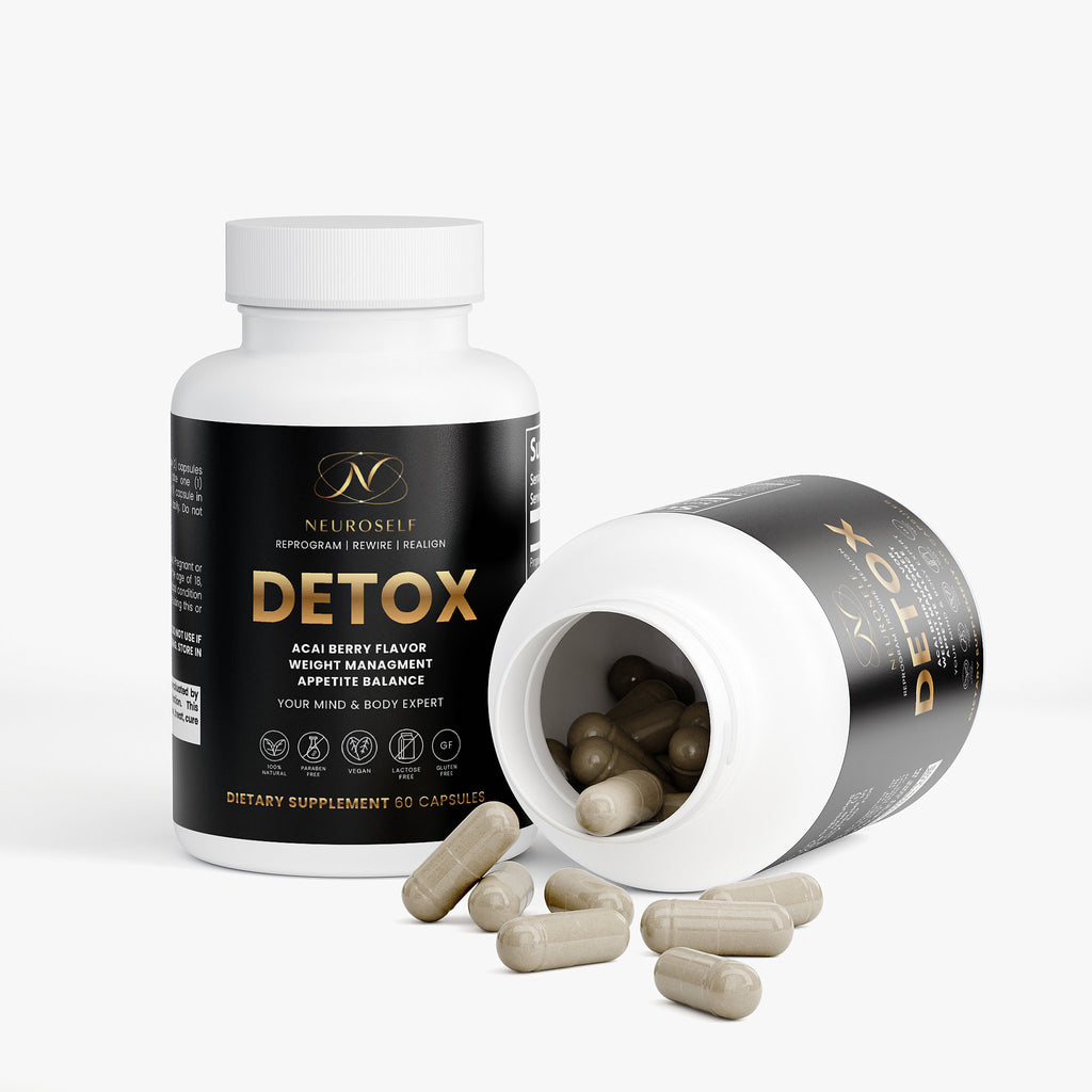 NeuroSelf Detox Formula digestive support supplement bottle with label showing ingredients and branding.