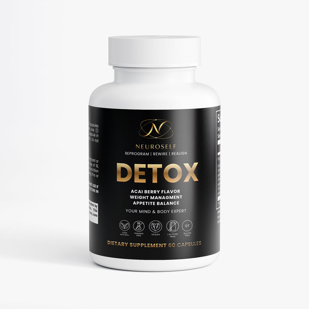 NeuroSelf Detox Formula digestive support supplement bottle with label showing ingredients and branding.