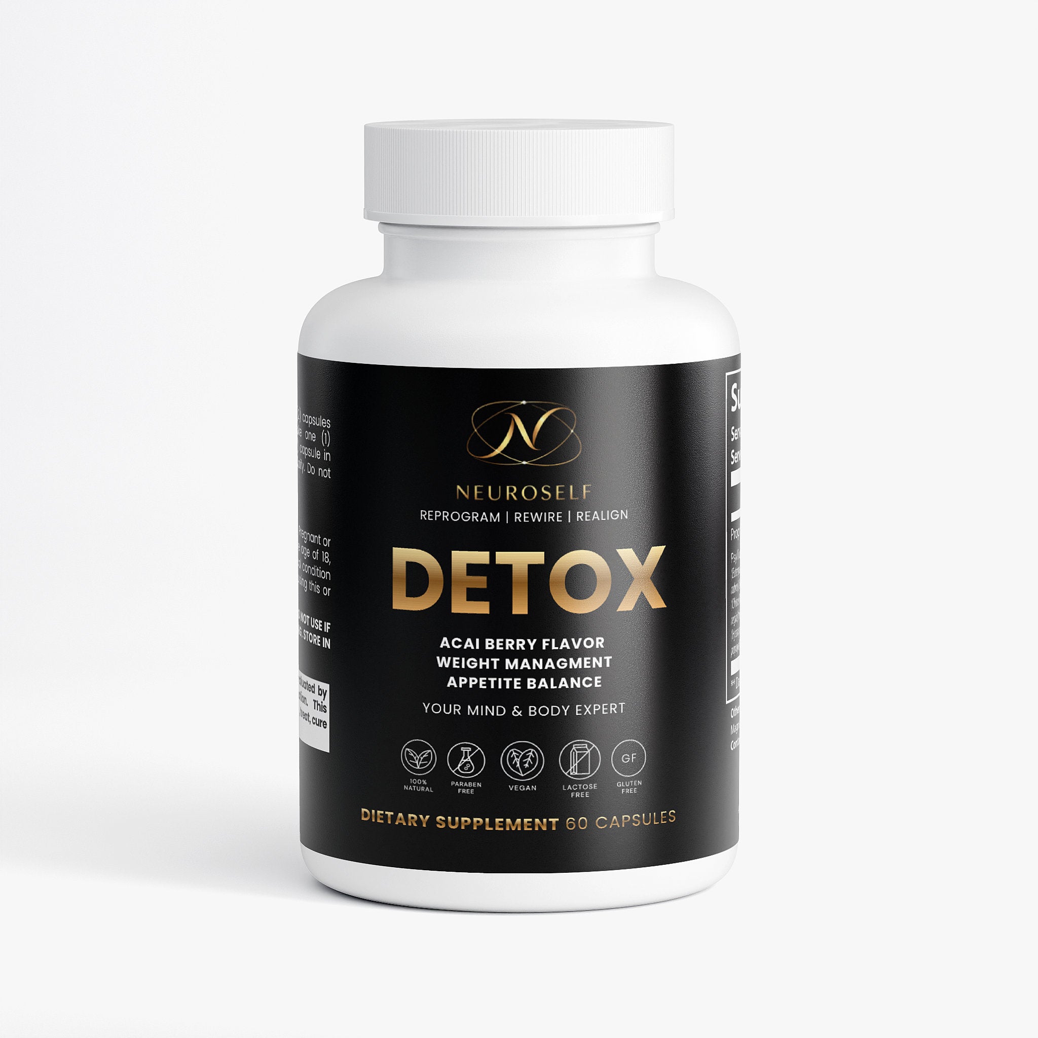 NeuroSelf Detox Formula digestive support supplement bottle with label showing ingredients and branding.