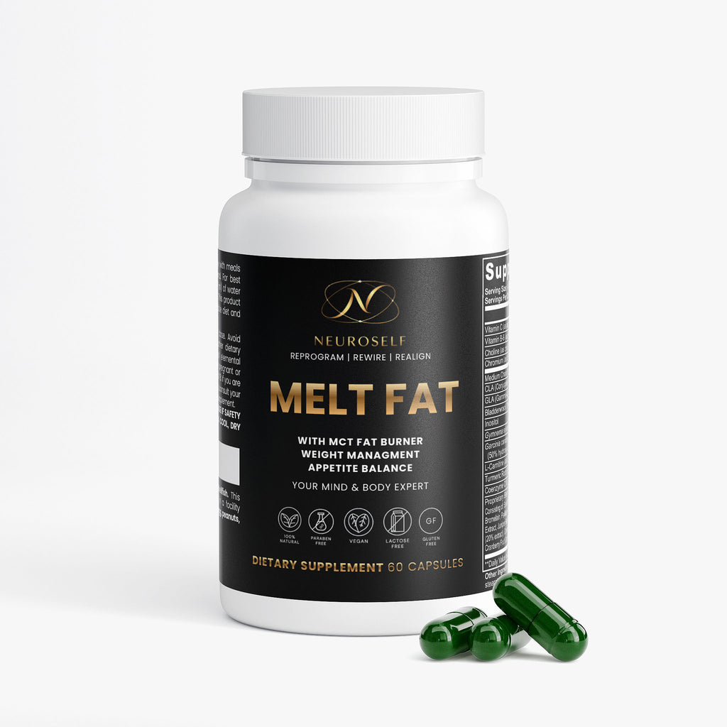 NeuroSelf Melt Fat with MCT weight management supplement bottle with label showing product details and branding.