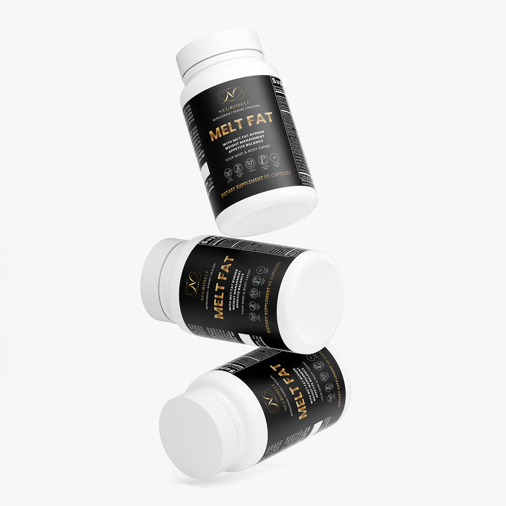 NeuroSelf Melt Fat with MCT weight management supplement bottle with label showing product details and branding.