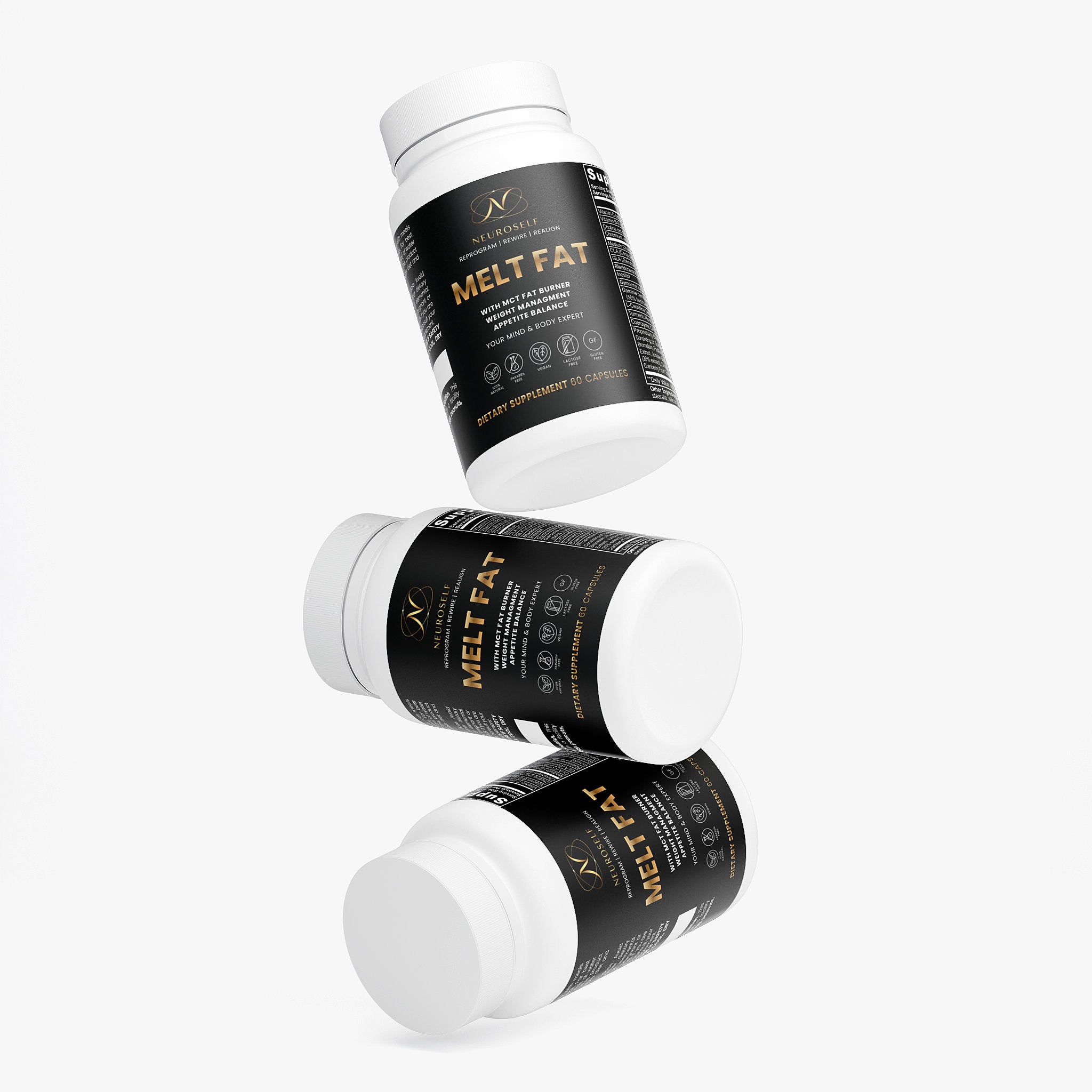 NeuroSelf Melt Fat with MCT weight management supplement bottle with label showing product details and branding.