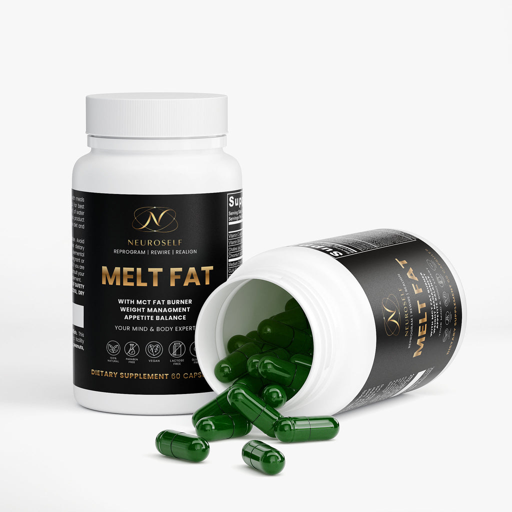 NeuroSelf Melt Fat with MCT weight management supplement bottle with label showing product details and branding.
