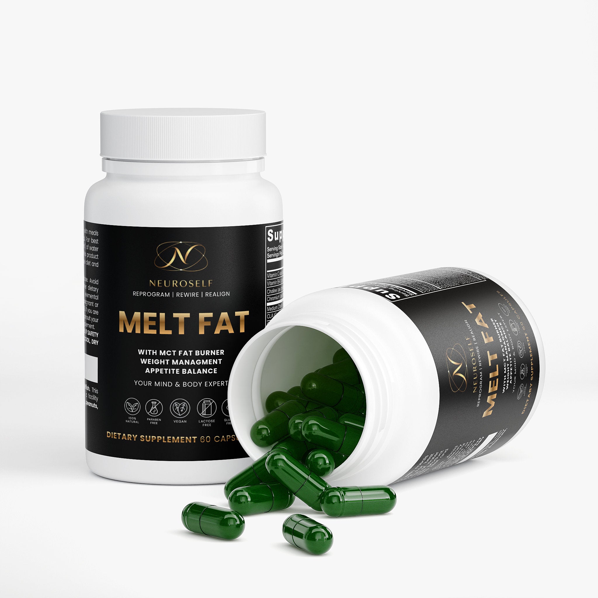 NeuroSelf Melt Fat with MCT weight management supplement bottle with label showing product details and branding.