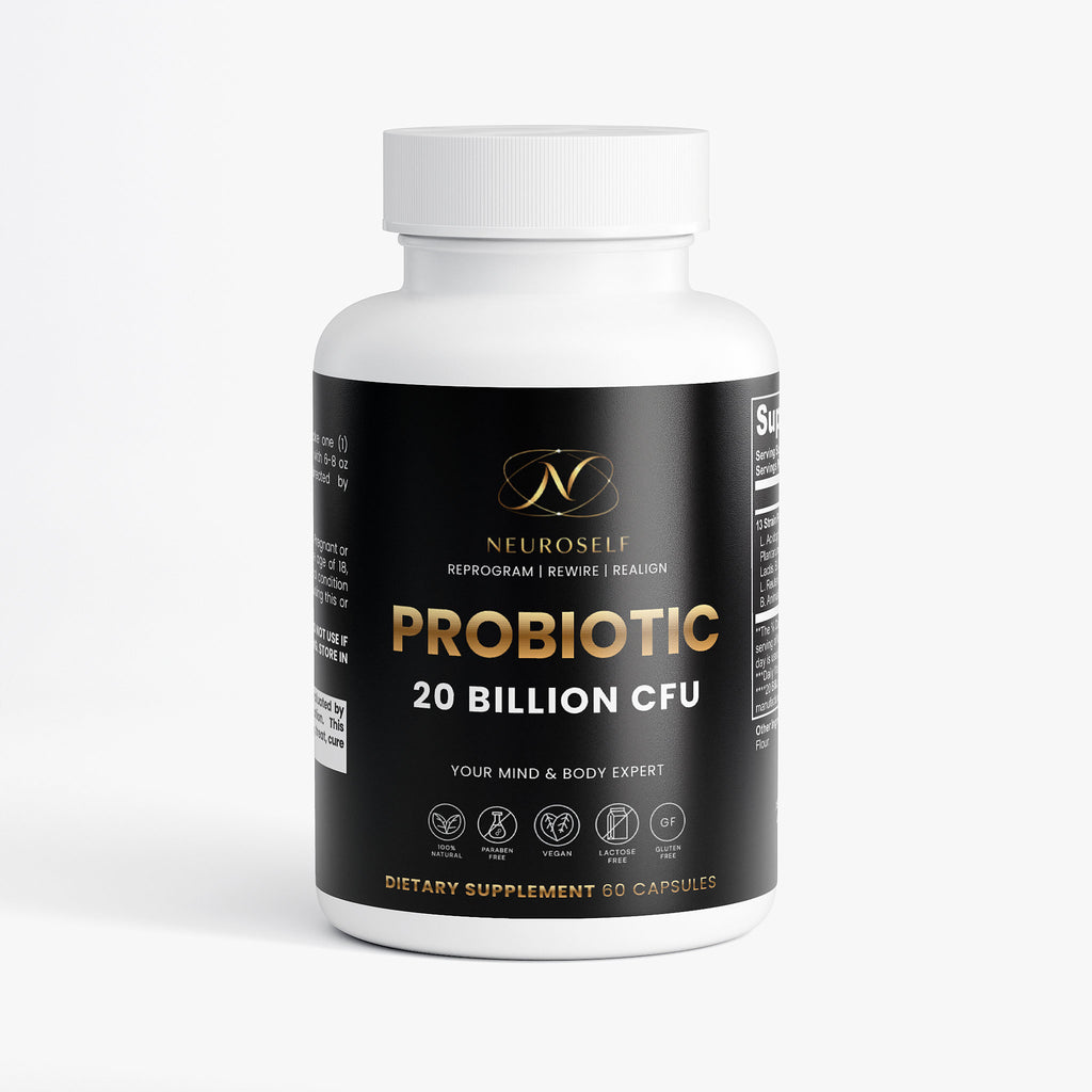 NeuroSelf Probiotic 20 Billion bottle with label showing digestive support supplement and probiotic capsules inside.