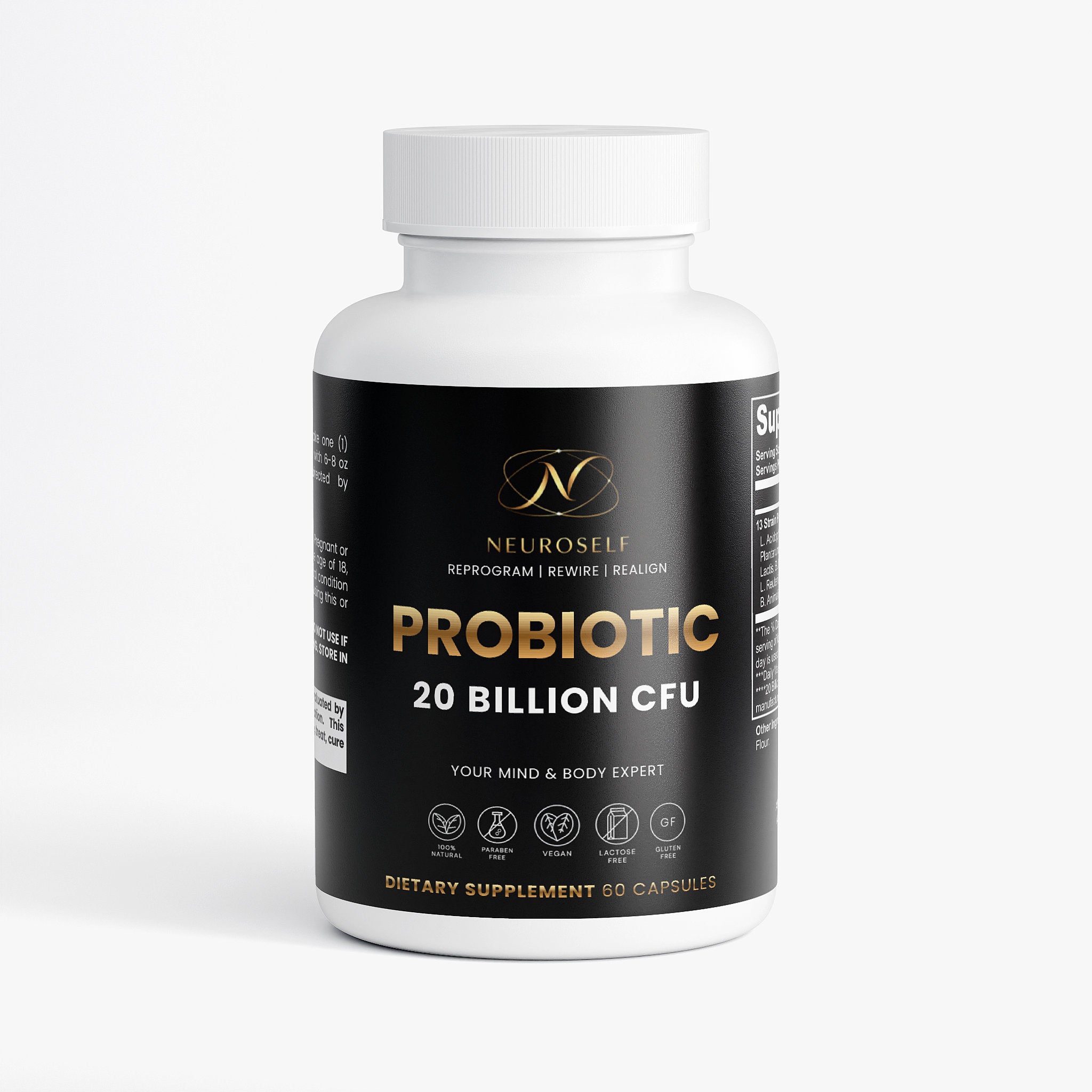NeuroSelf Probiotic 20 Billion bottle with label showing digestive support supplement and probiotic capsules inside.