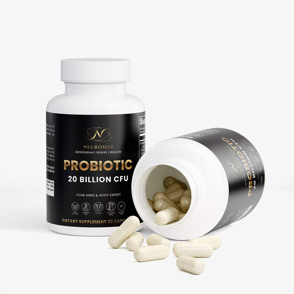 NeuroSelf Probiotic 20 Billion bottle with label showing digestive support supplement for gut health and probiotic benefits.