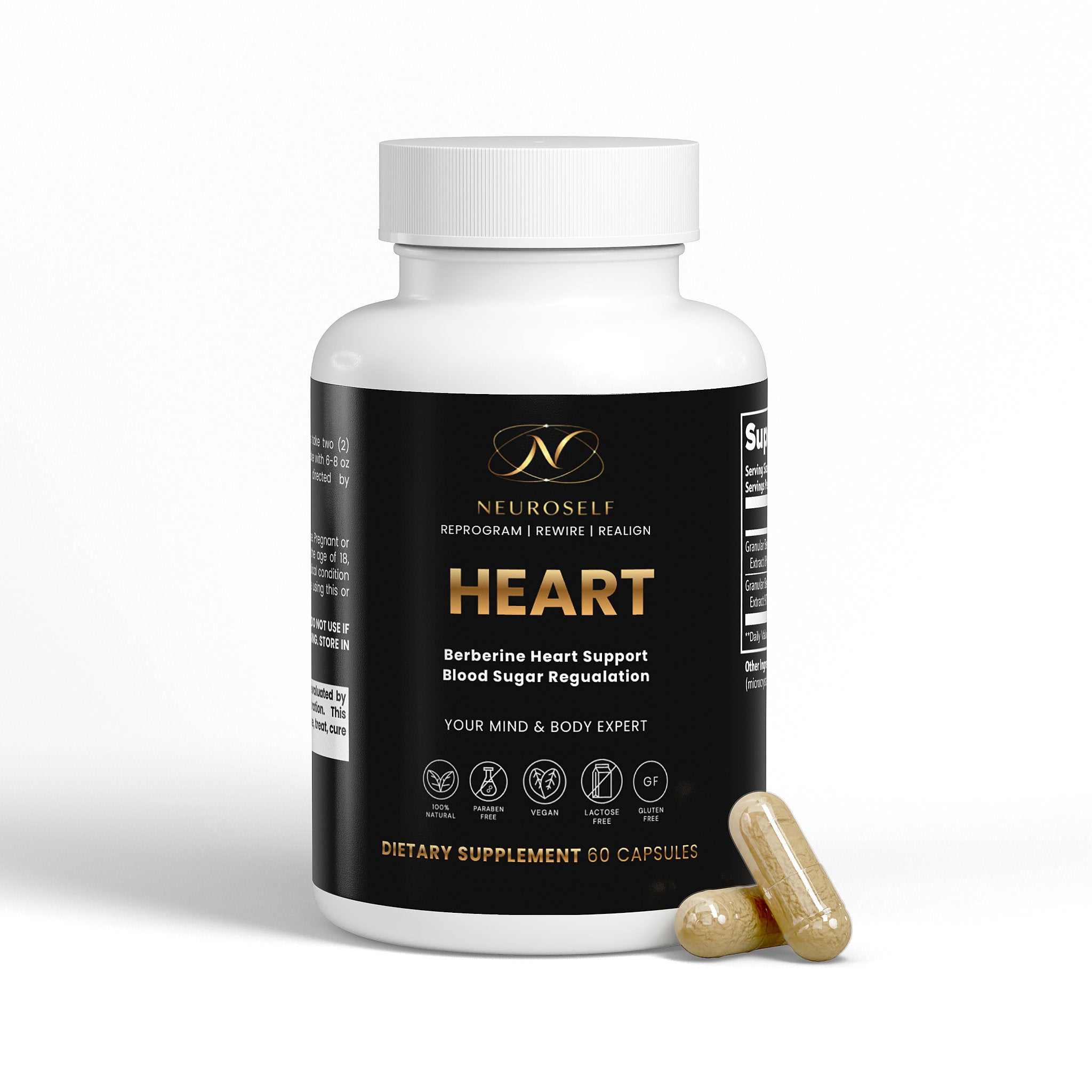 NeuroSelf Heart Formula weight management supplement bottle with label showing product details and branding.