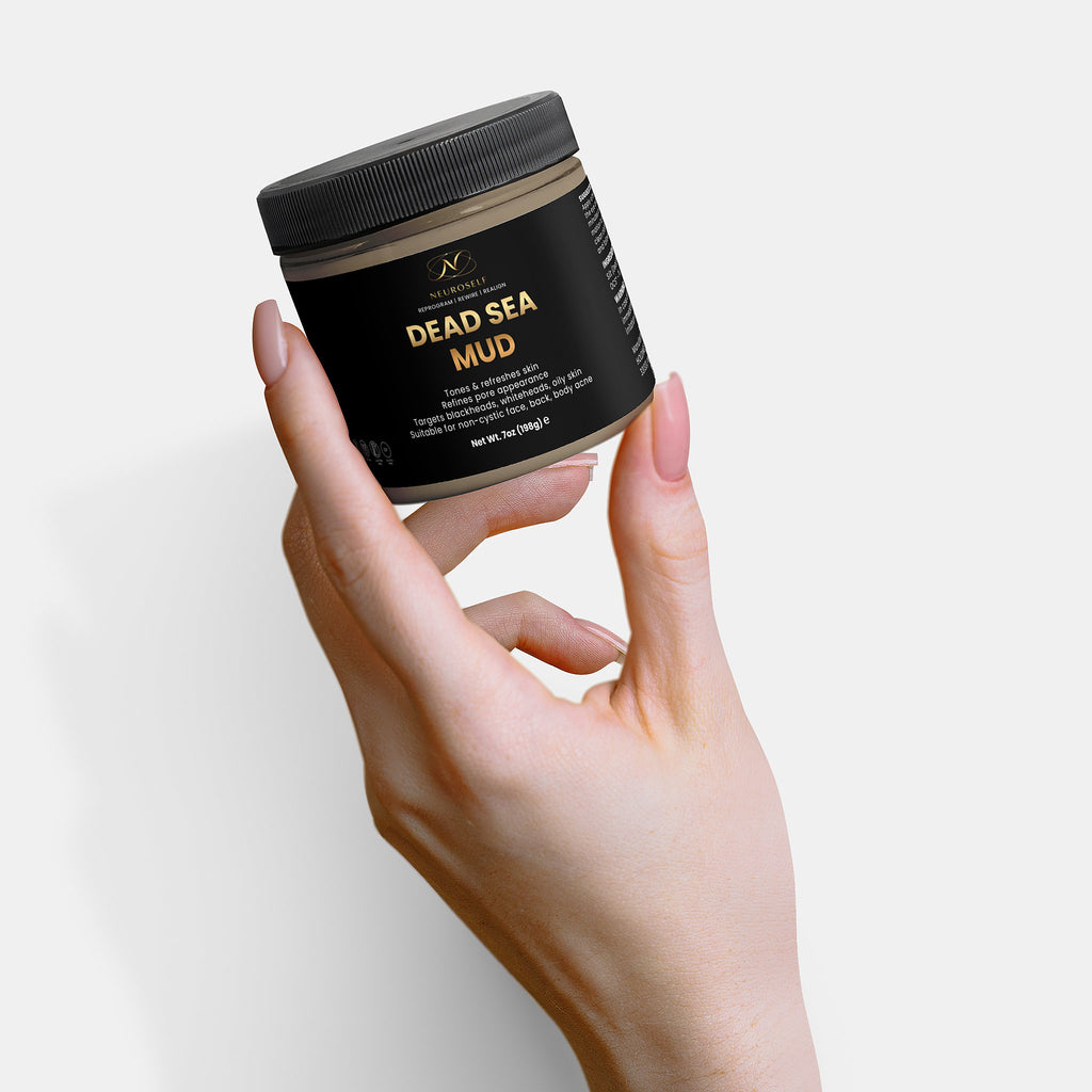 NeuroSelf Dead Sea Mud body care product in a jar with a natural clay texture and label, used for skin purifying and relaxation.