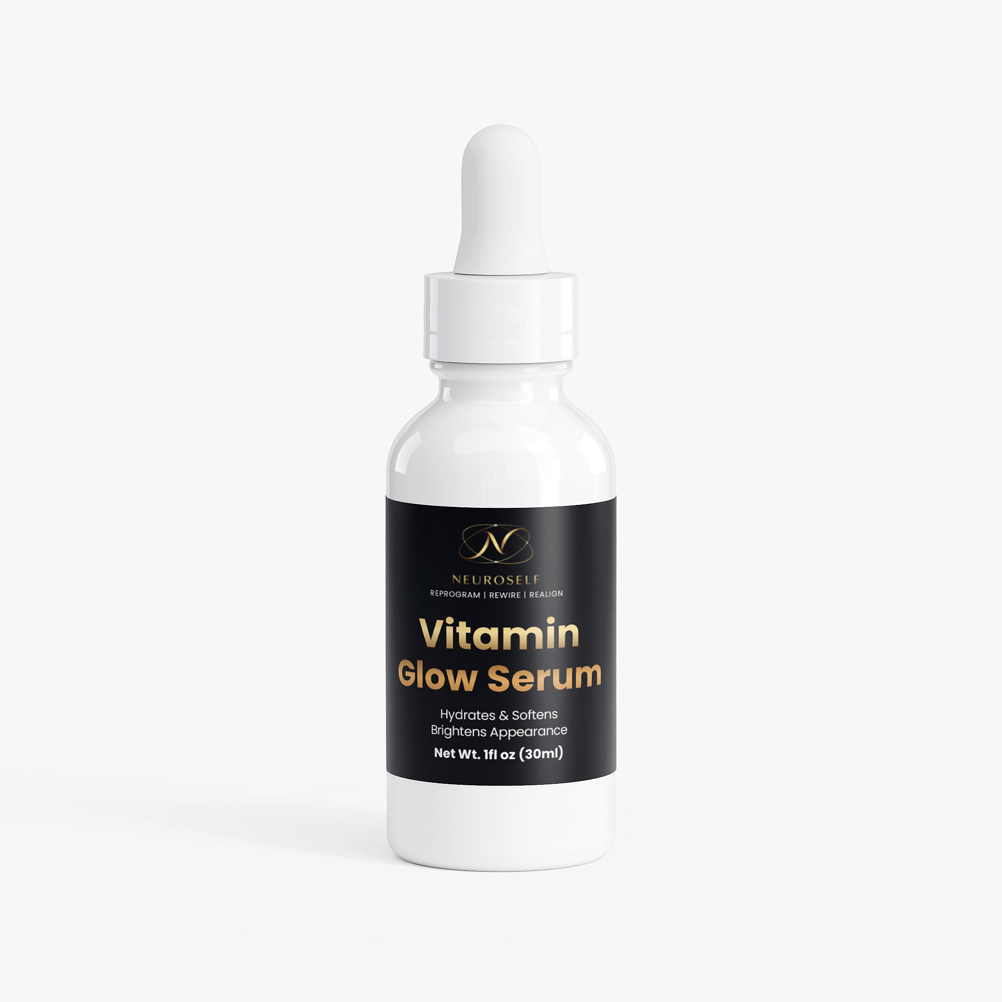 NeuroSelf Vitamin Glow Serum bottle with label showing facial care product for radiant skin and skincare routine.