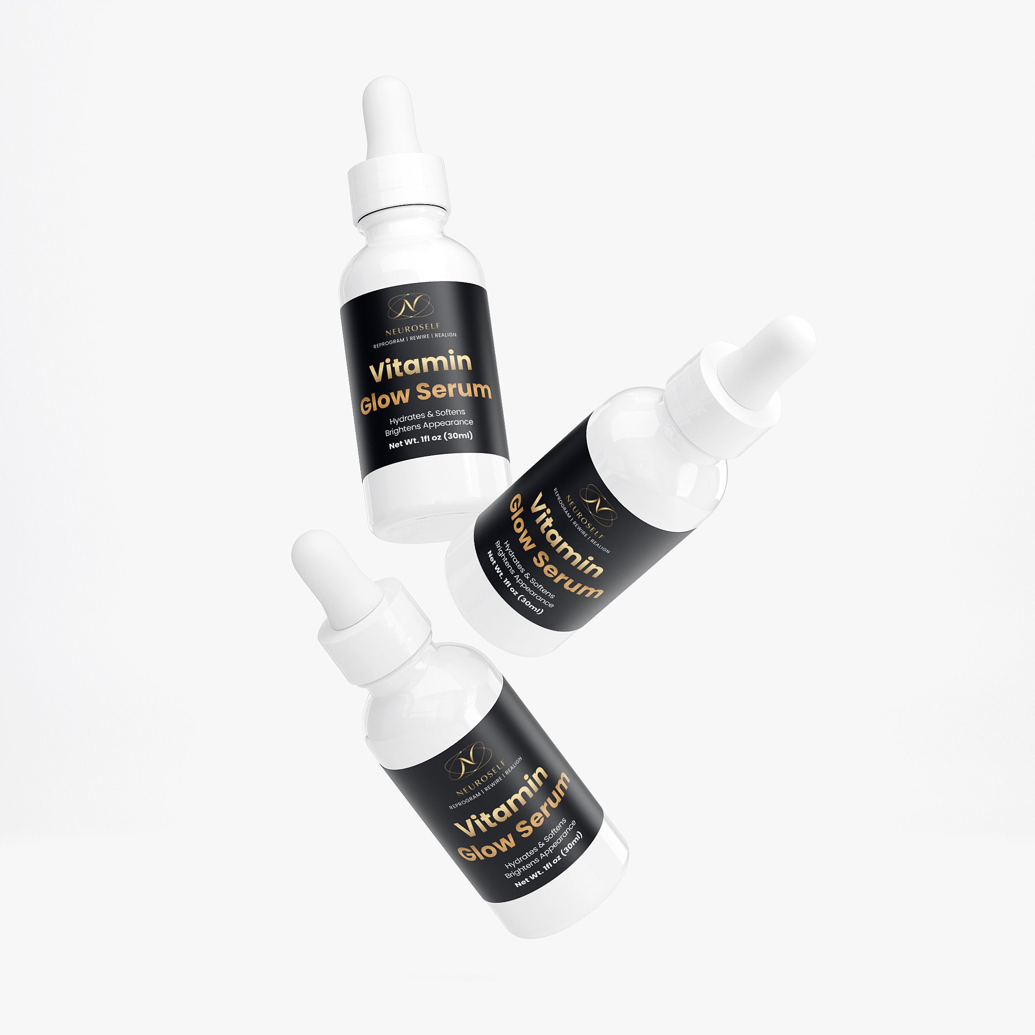 NeuroSelf Vitamin Glow Serum for facial care with a sleek bottle and vibrant label, emphasizing skincare and brightening effects.