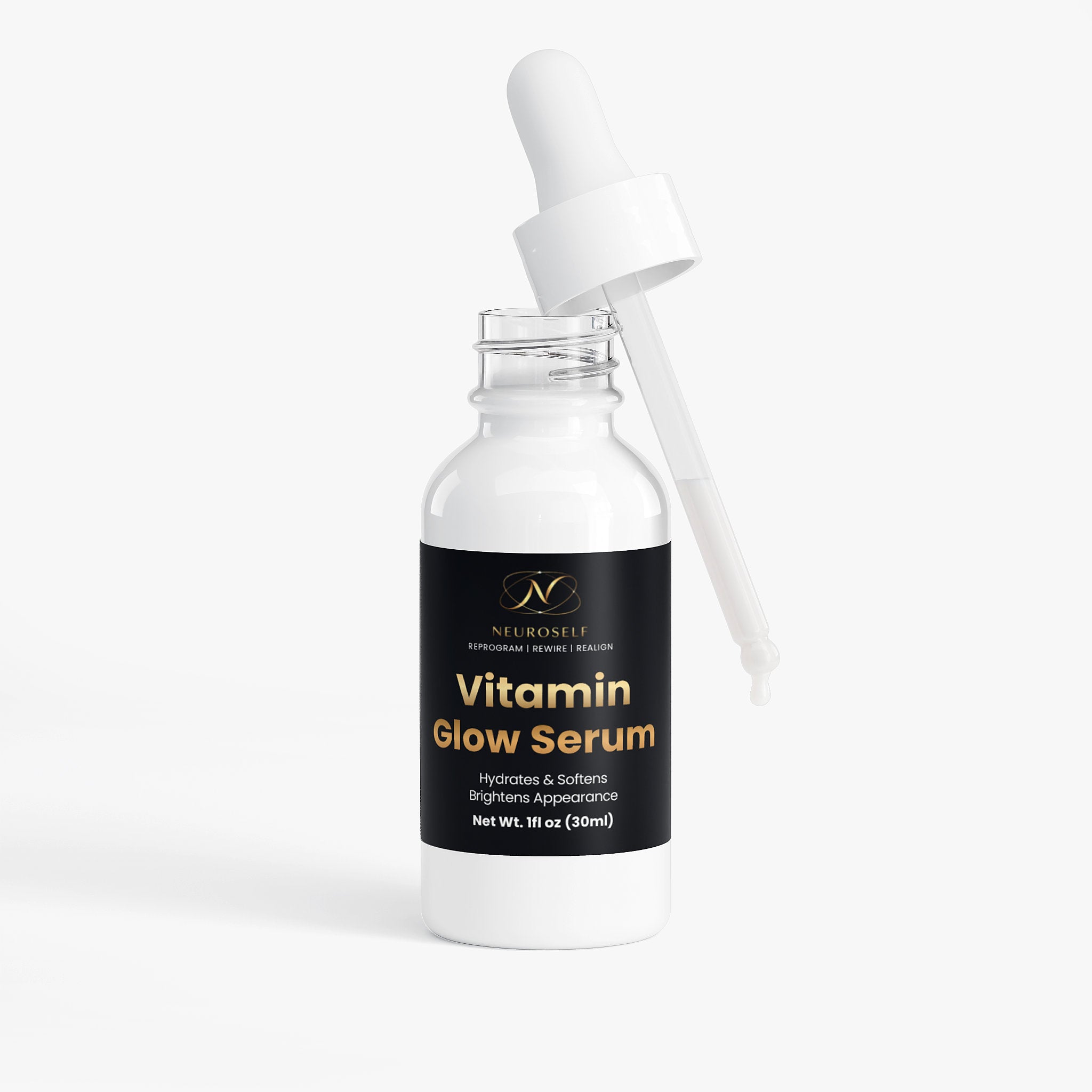 NeuroSelf Vitamin Glow Serum bottle with a clean label, skincare product for facial care, and brightening skin benefits.