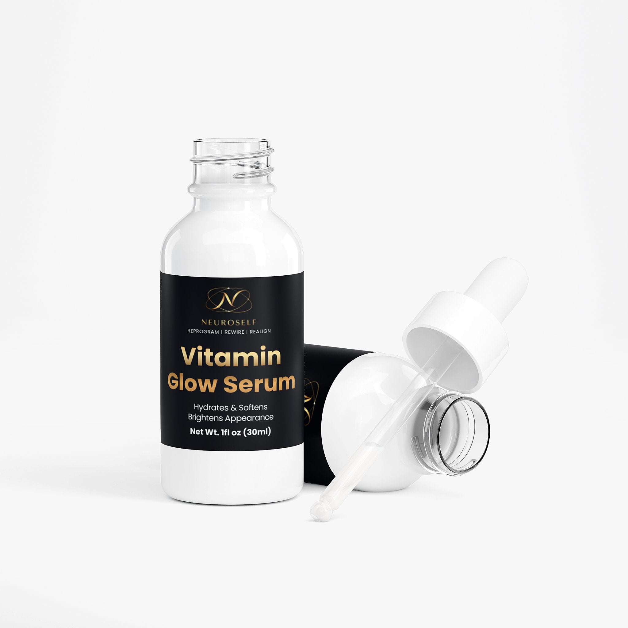 NeuroSelf Vitamin Glow Serum facial care product with a sleek bottle and label, designed to enhance skin brightness and radiance.