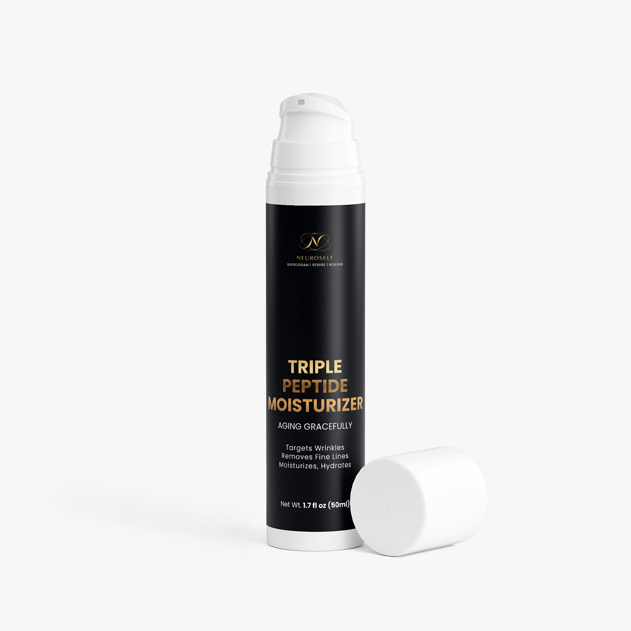 NeuroSelf Triple Peptide Moisturizer for facial care, featuring a sleek jar with a white lid and label displaying product details.
