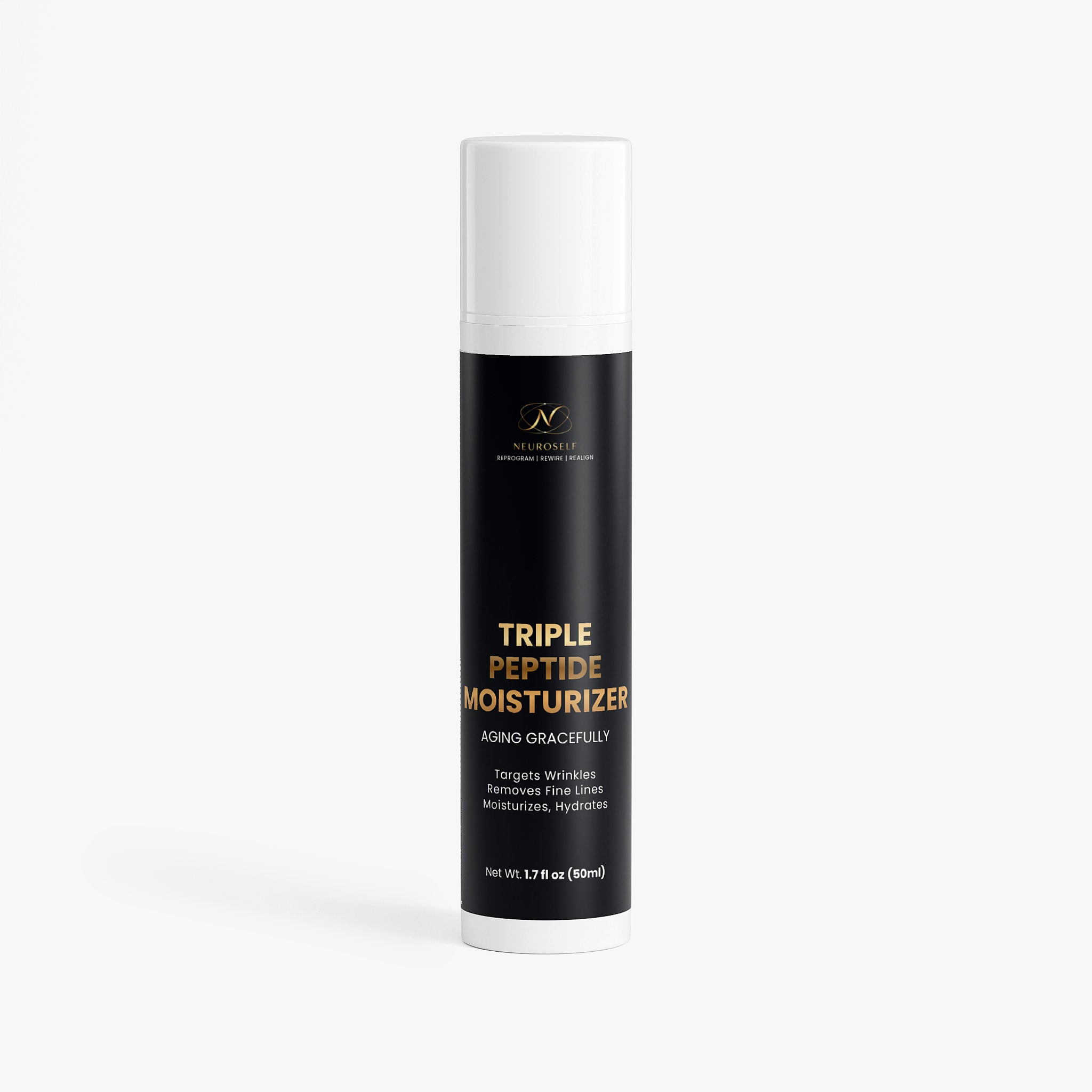 NeuroSelf Triple Peptide Moisturizer facial care product with label, featuring a sleek container for skincare hydration.
