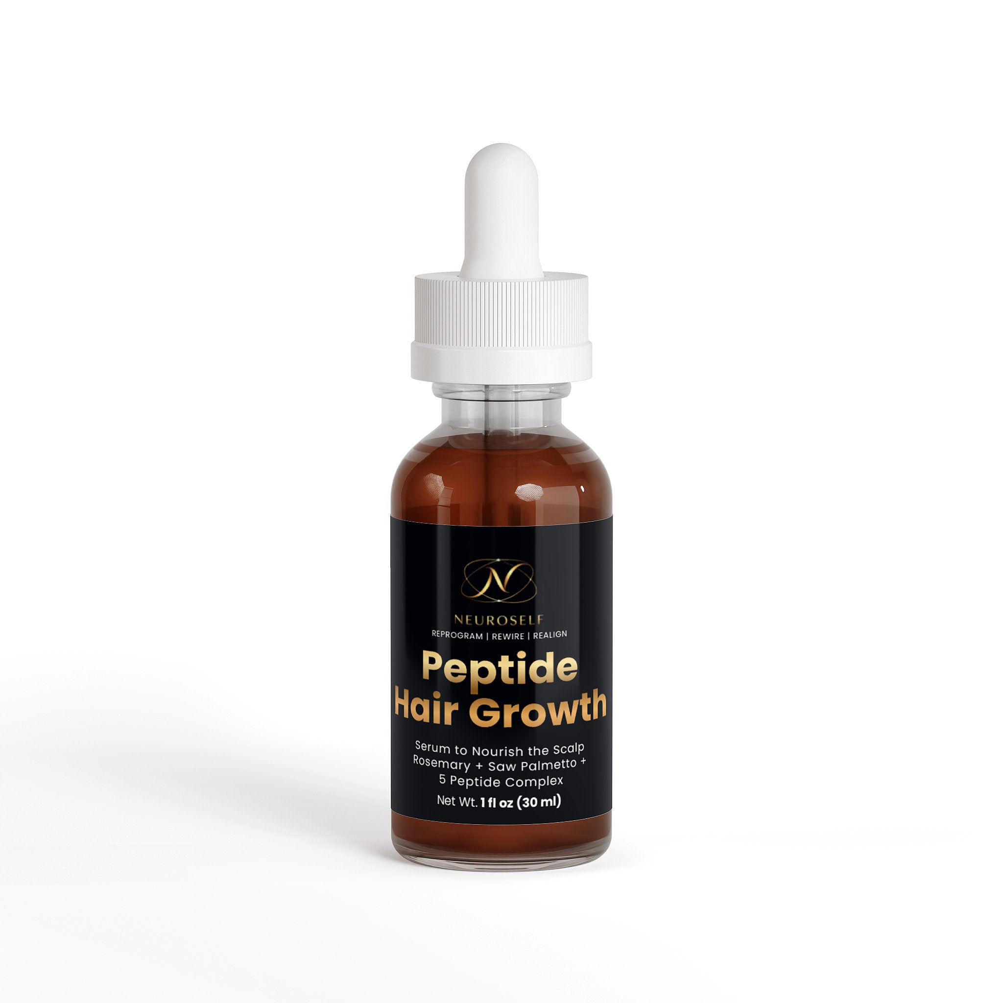 NeuroSelf 5 Peptide Complex and Rosemary Hair Growth Serum bottle with label, for nourishing hair care and scalp health.