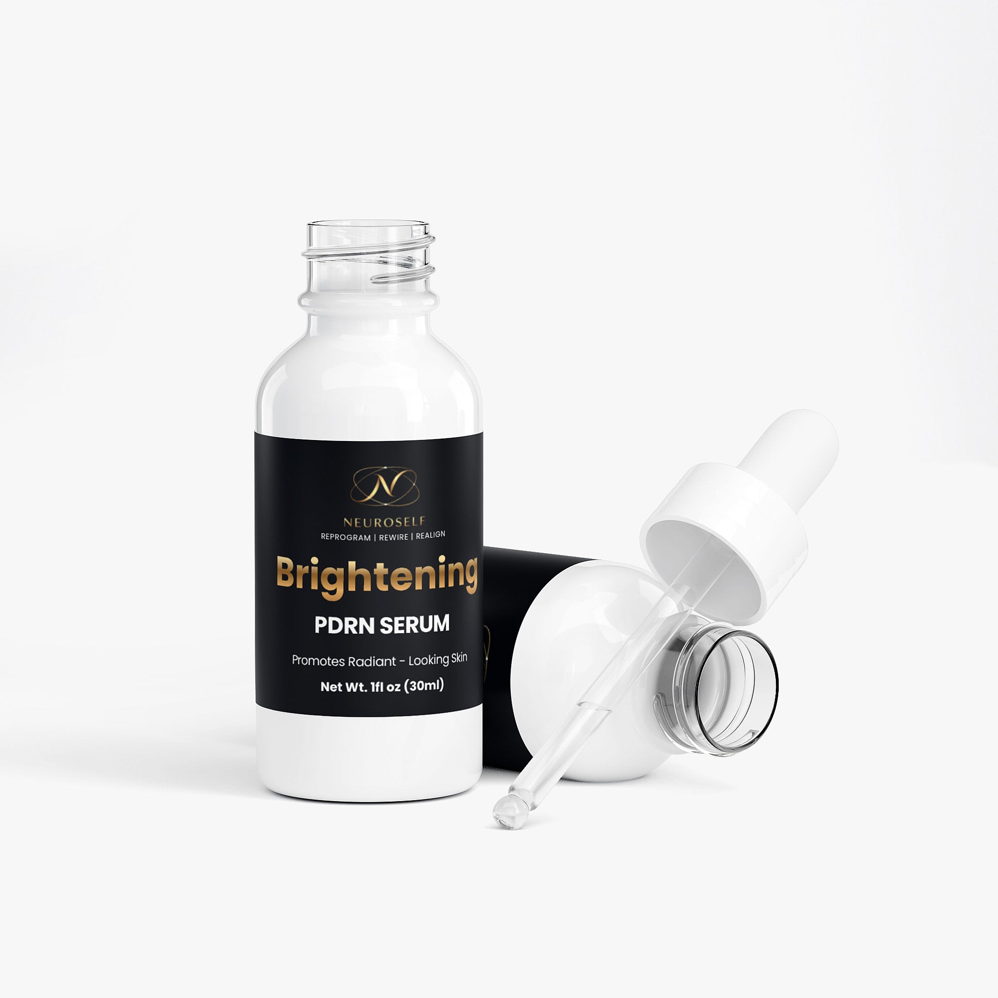 NeuroSelf PDRN Brightening Serum bottle for facial care, featuring a sleek design and brightening skincare ingredients.