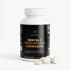NeuroSelf Dental and Fresh Breath Chewables in a jar, supplement for oral health and fresh breath, natural ingredients, label visible.