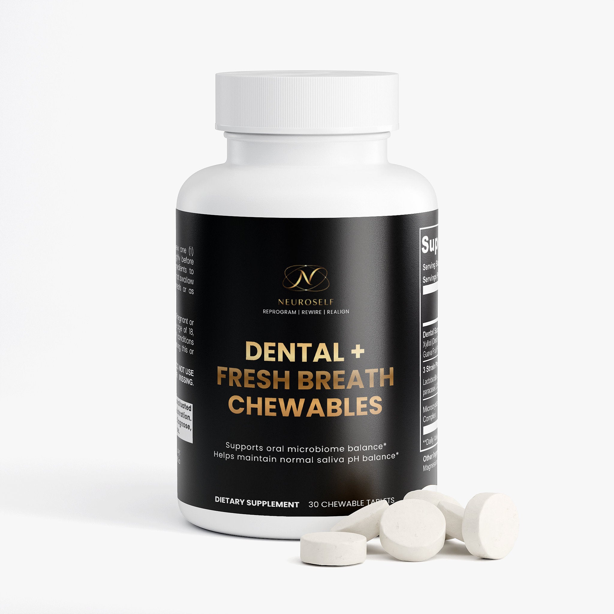 NeuroSelf Dental and Fresh Breath Chewables in a jar, supplement for oral health and fresh breath, natural ingredients, label visible.