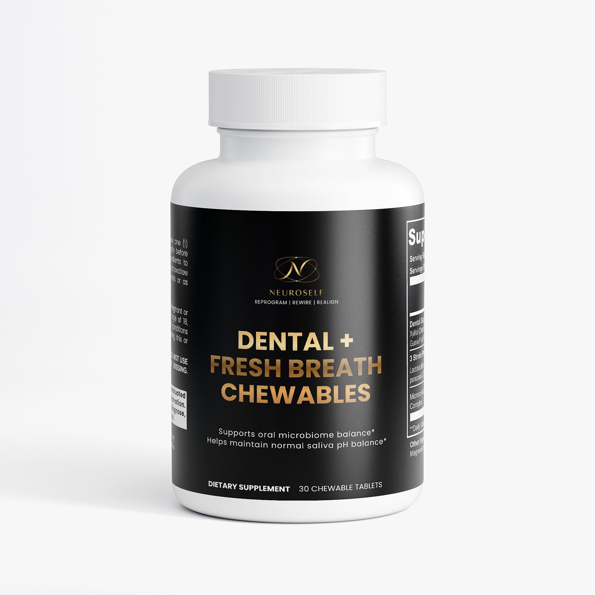 NeuroSelf Dental and Fresh Breath Chewables in a plastic container, designed for oral health and freshening breath.