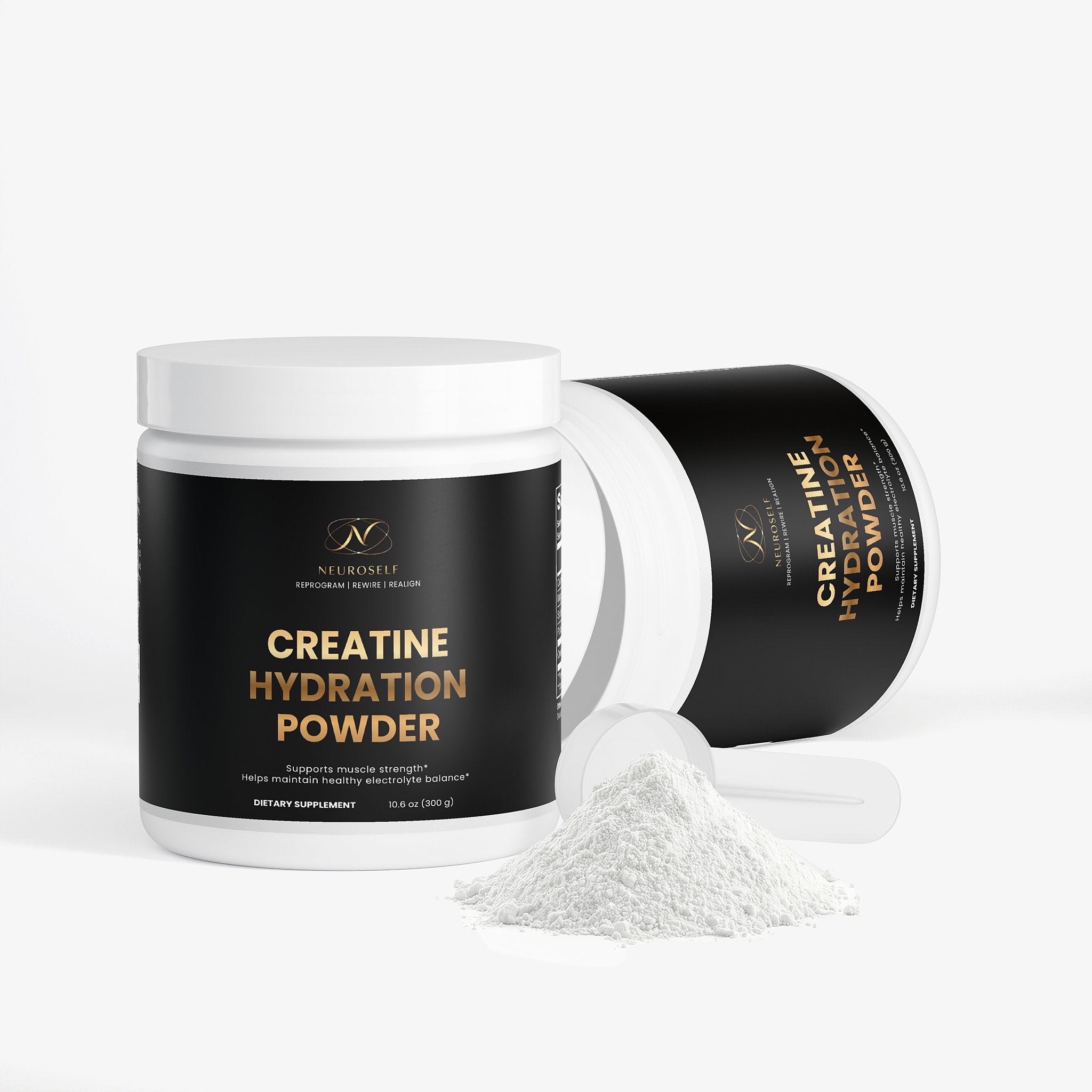 NeuroSelf Creatine Hydration Powder for muscle building, shown in a transparent container with scoop and label details.